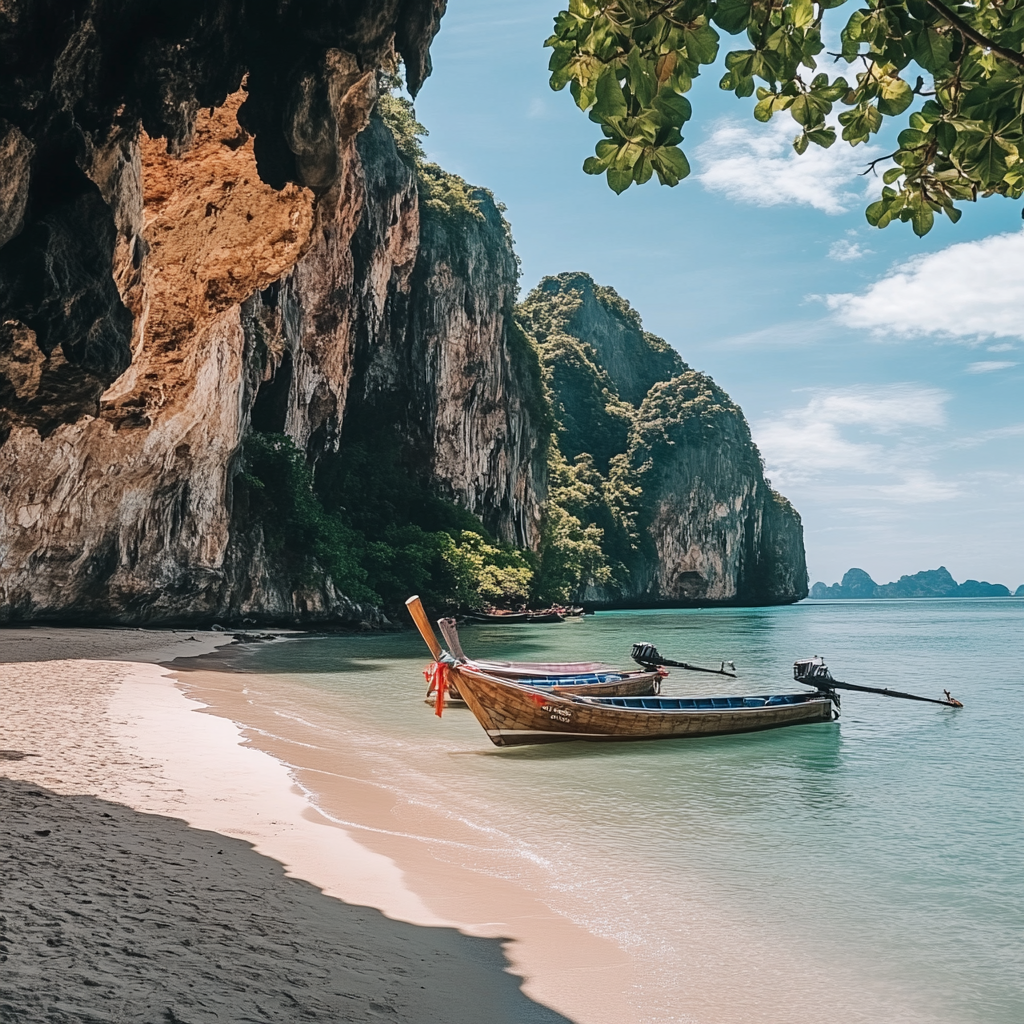A wooden boat on a sandy beach with clear turquoise water, surrounded by lush cliffs under a clear sky.