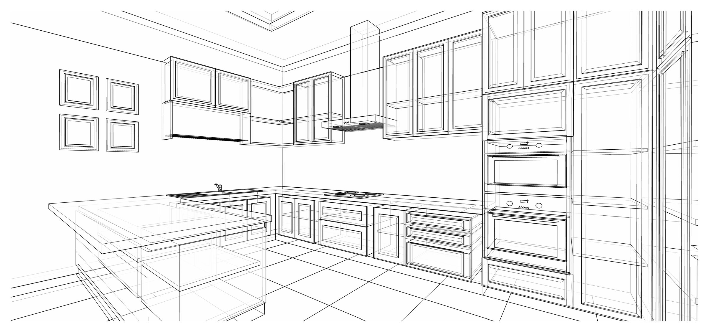 Interior design of classic style kitchen with modern appliance, 3D wire frame sketch, perspective