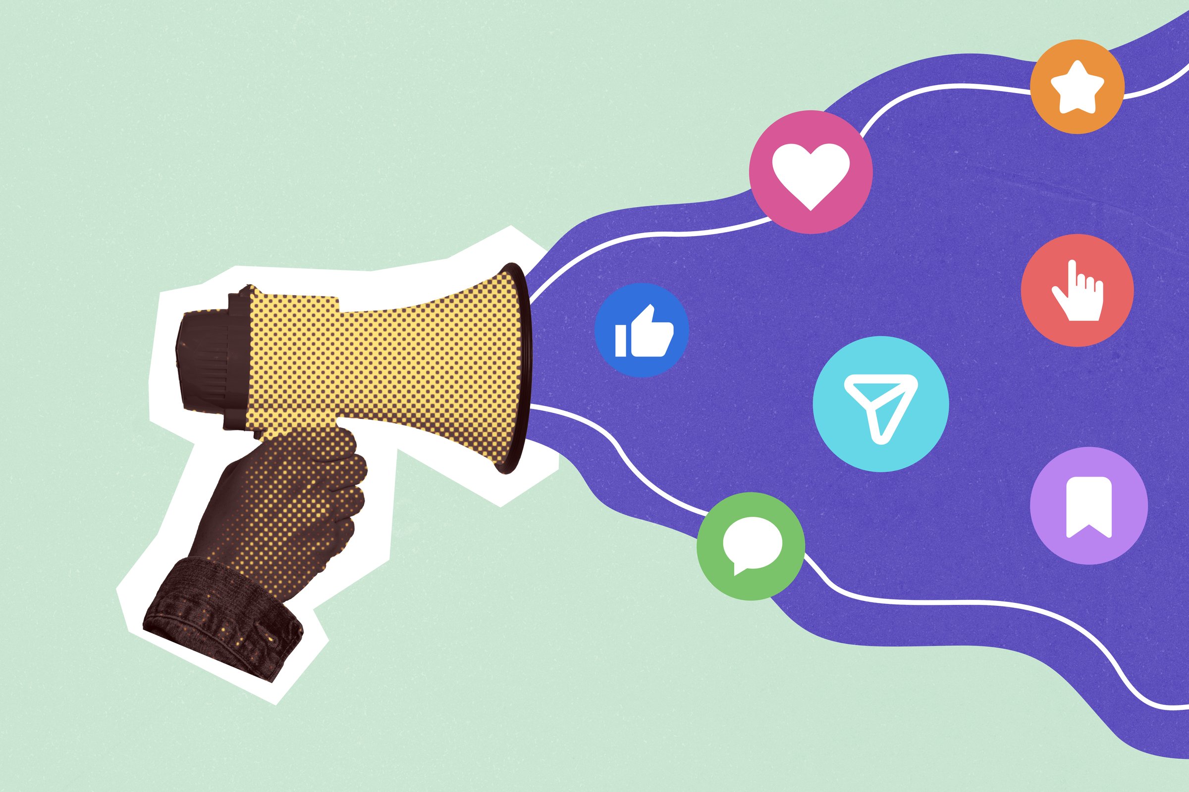 Social media icons coming out of megaphone. Digital marketing job, promote business online. Advertising agency tools. Pop art collage concept.