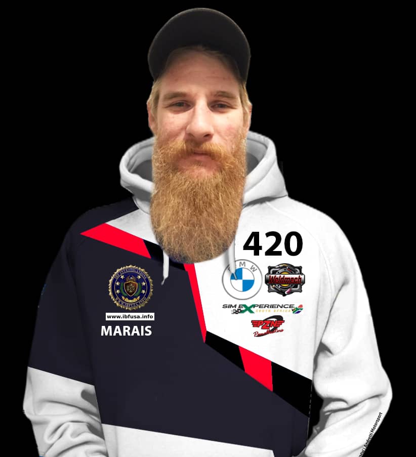 Bearded person in a racing-themed hoodie with logos and number 420, against a black background.