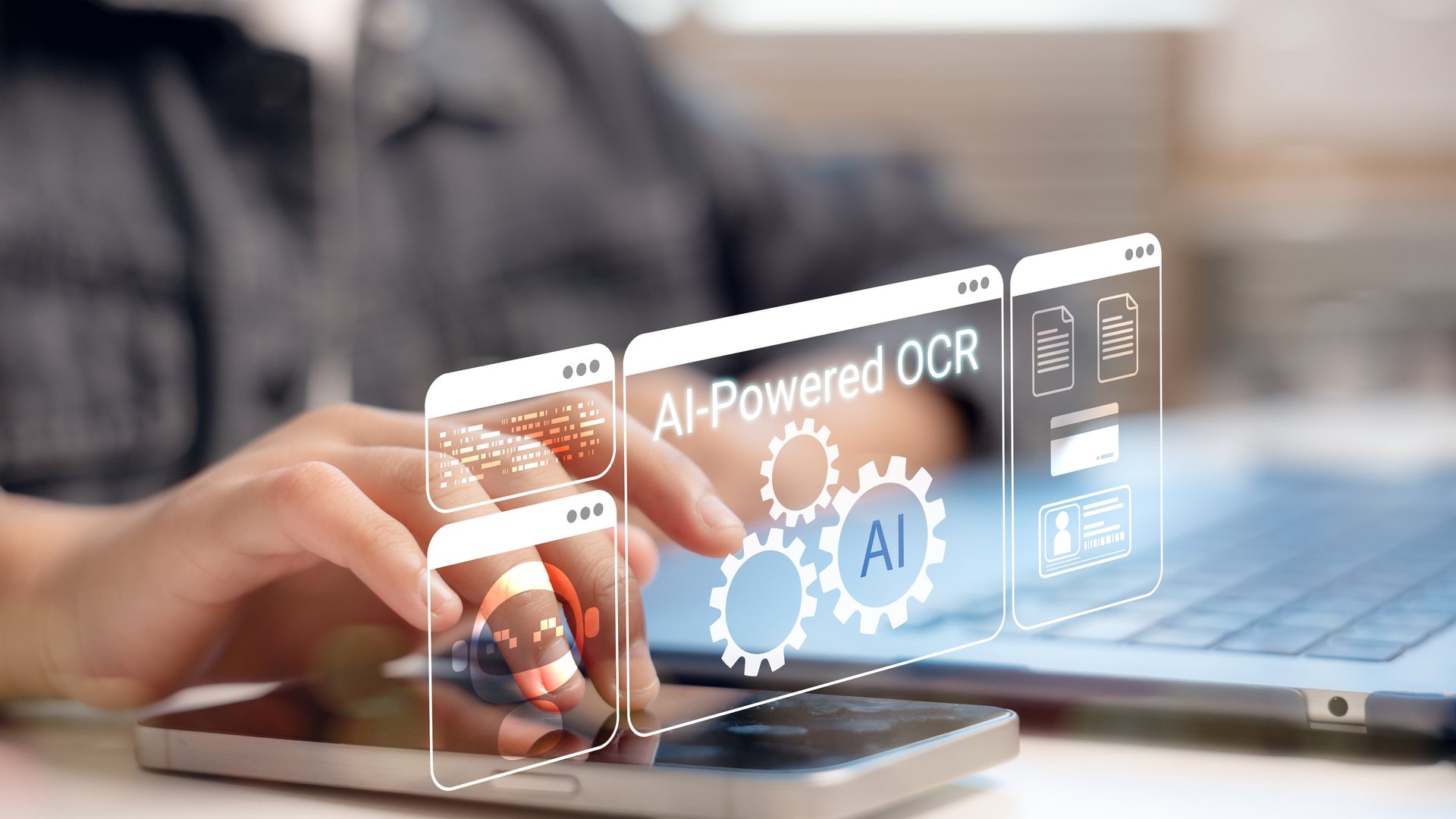 Person using AI-powered OCR technology on smartphone and laptop with virtual interface, representing intelligent document scanning, text recognition, and automation processing tools.