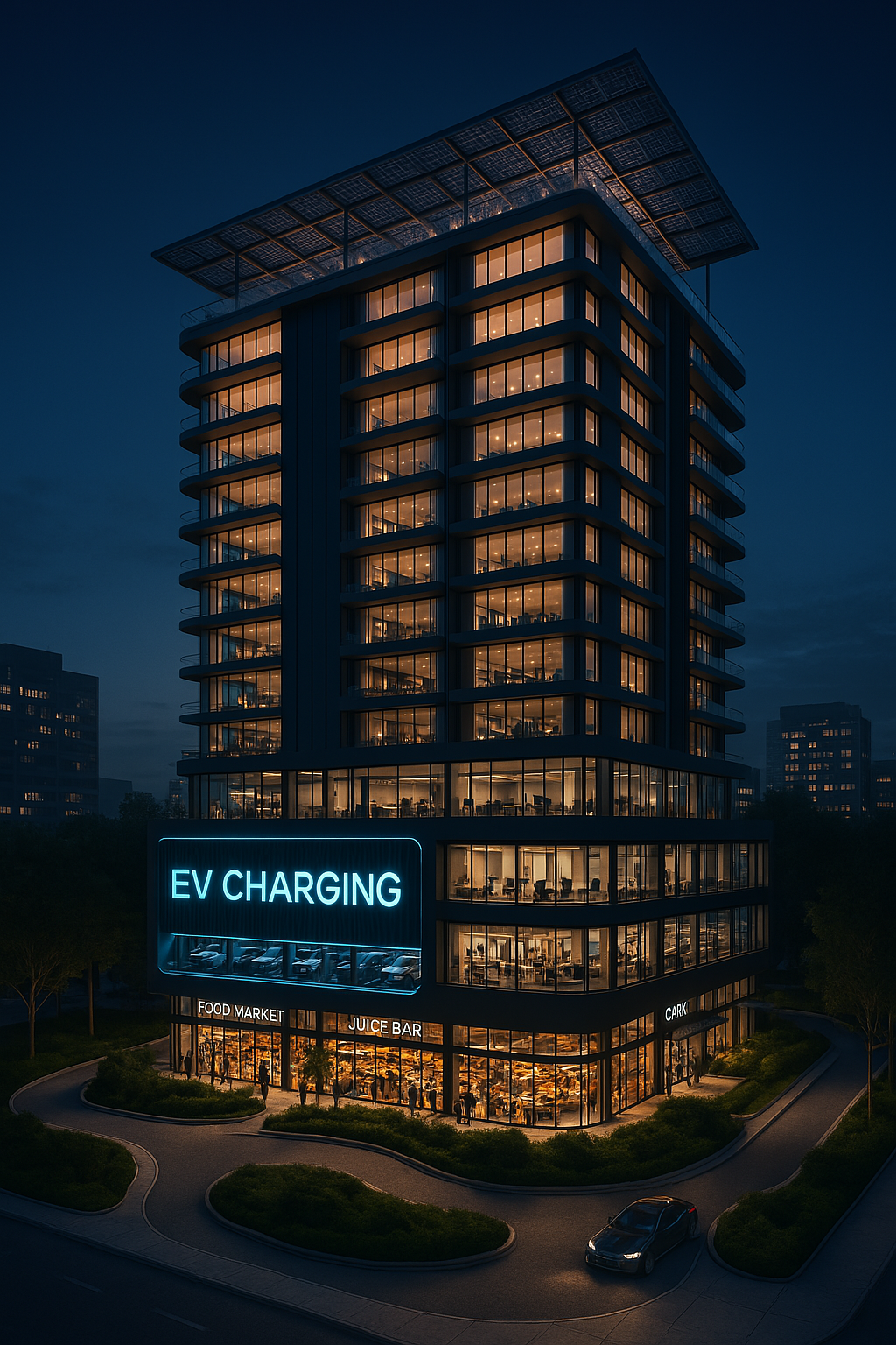 A modern high-rise building at night with glowing signs for EV charging and various shops, surrounded by trees and roads.