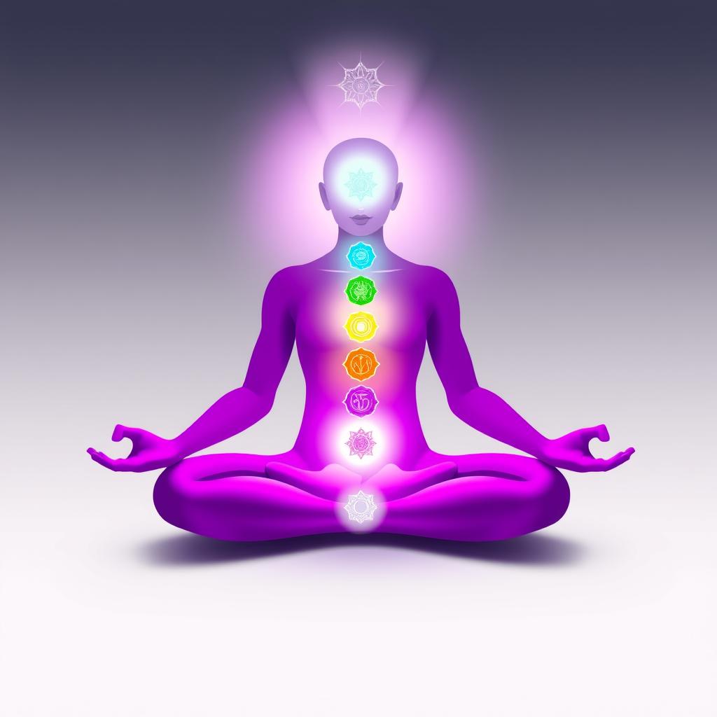Silhouette in lotus position with colorful chakra symbols along the body, surrounded by purple aura on a gradient background.