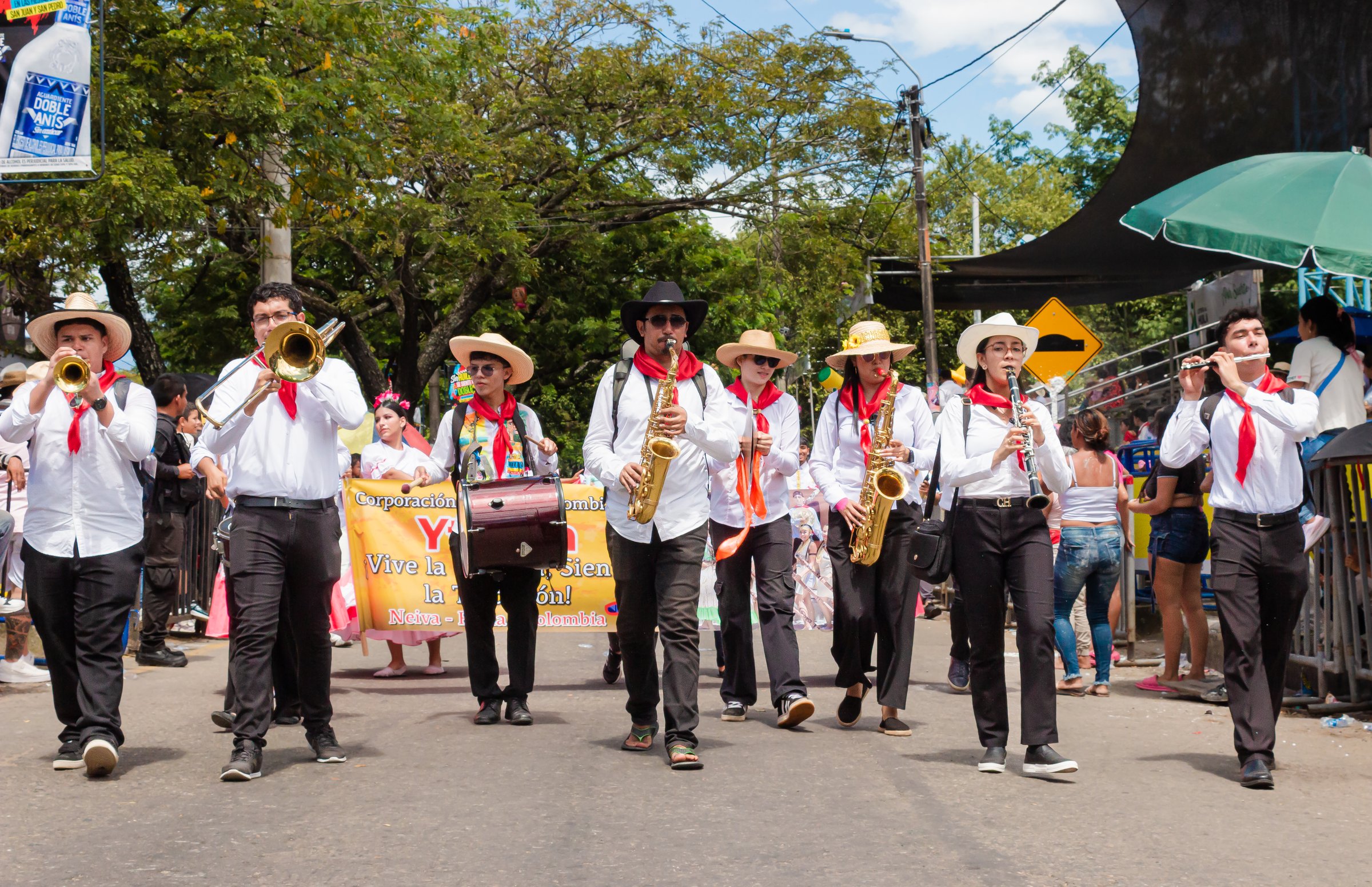 Neiva, Huila, Colombia  June 26, 2025  A musical group playing wind and percussion instruments livened up the atmosphere at a popular parade during the San Juan and San Pedro festival