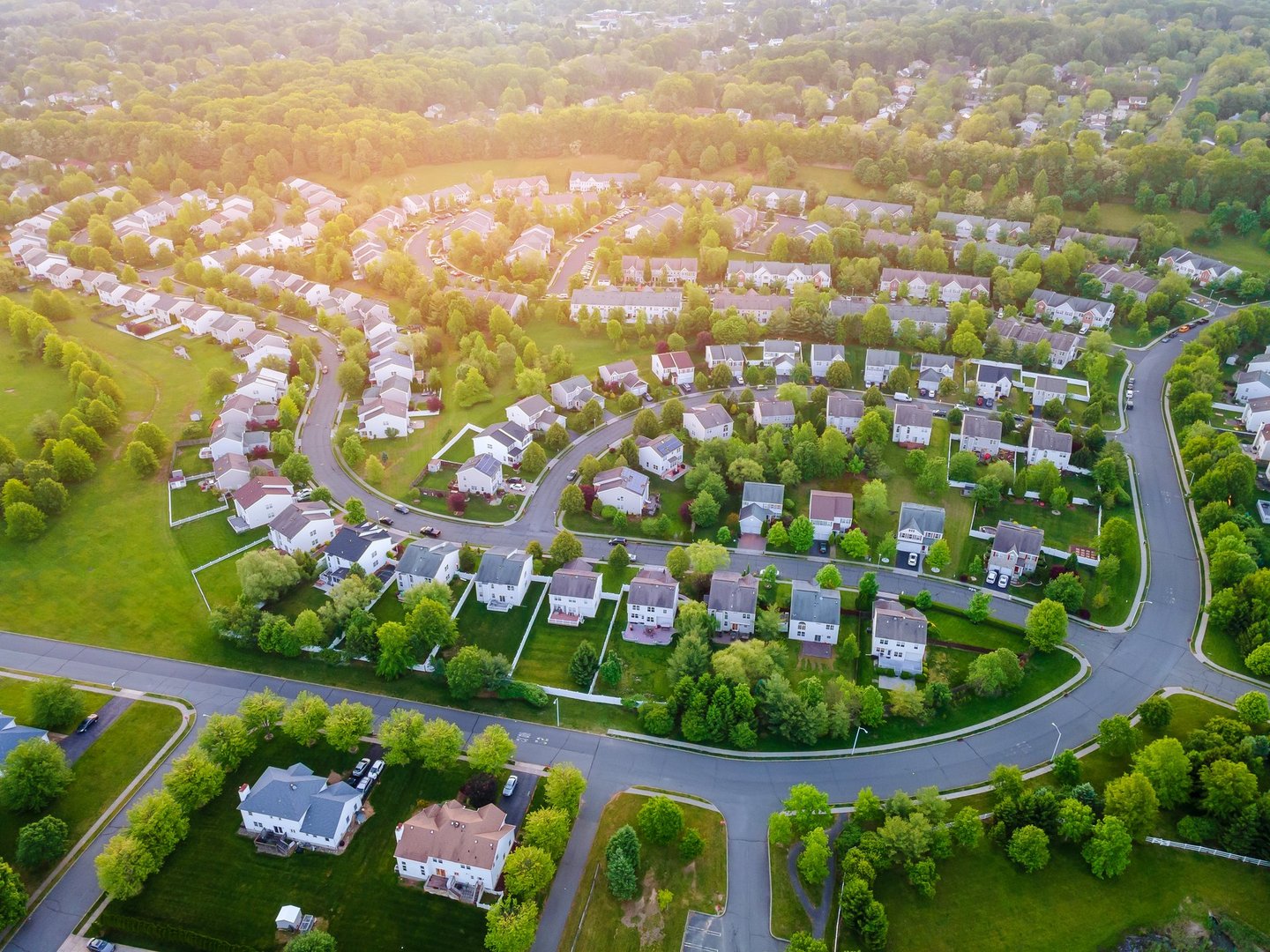 Aerial panorama view of a small town city home roofs at suburban residential quarters an New Jersey USA