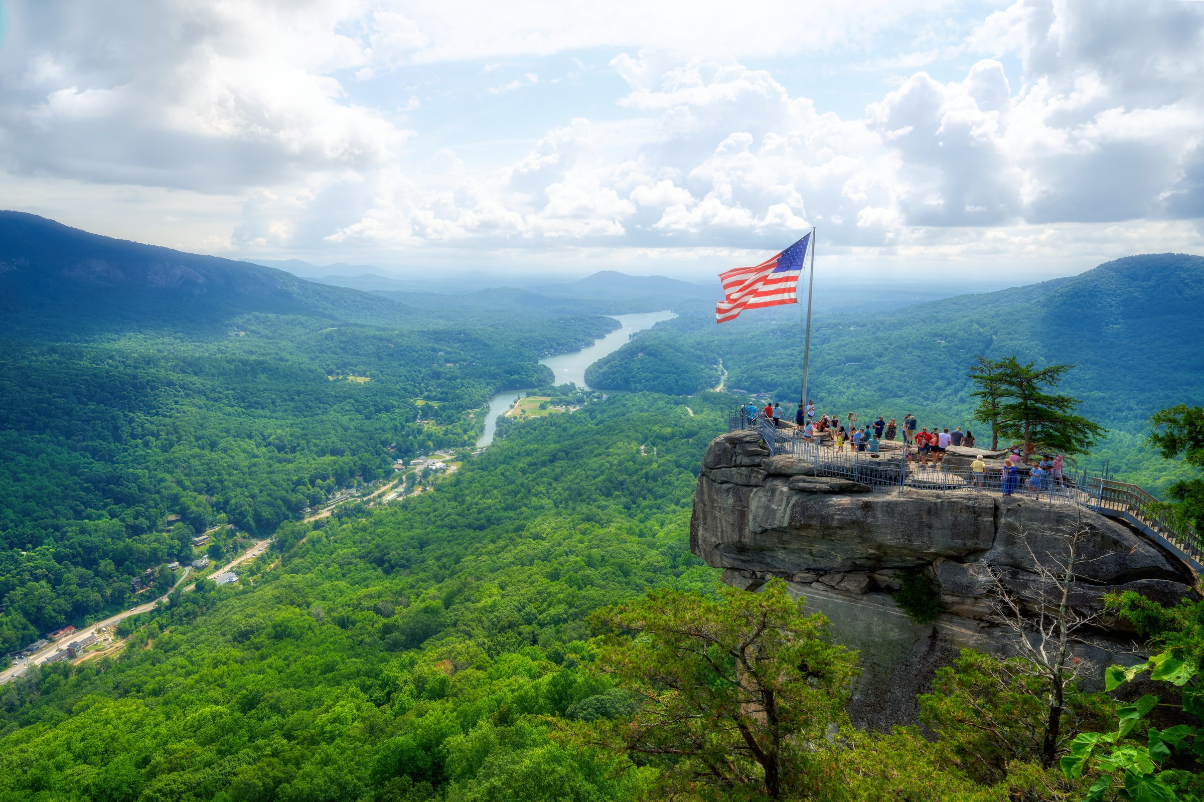 A beautiful forest landscape of Chimney Rock State Park in summer on a nice cloudy day in North Carolina.