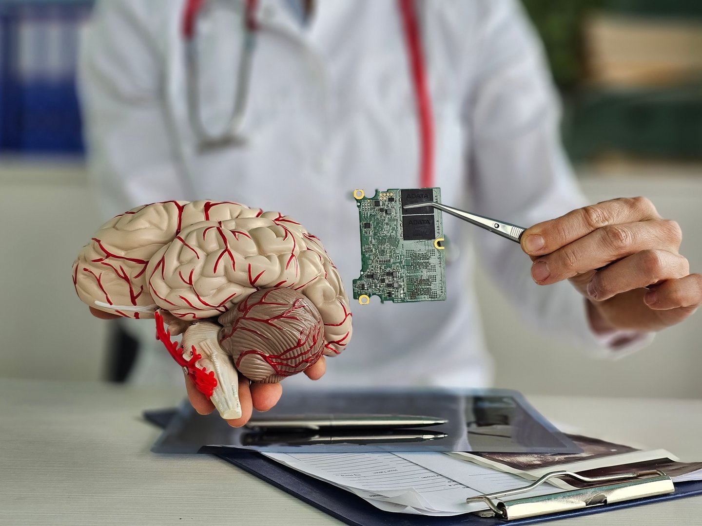 Human brain and computer chip. Microprocessor in head. Doctor brain board ai