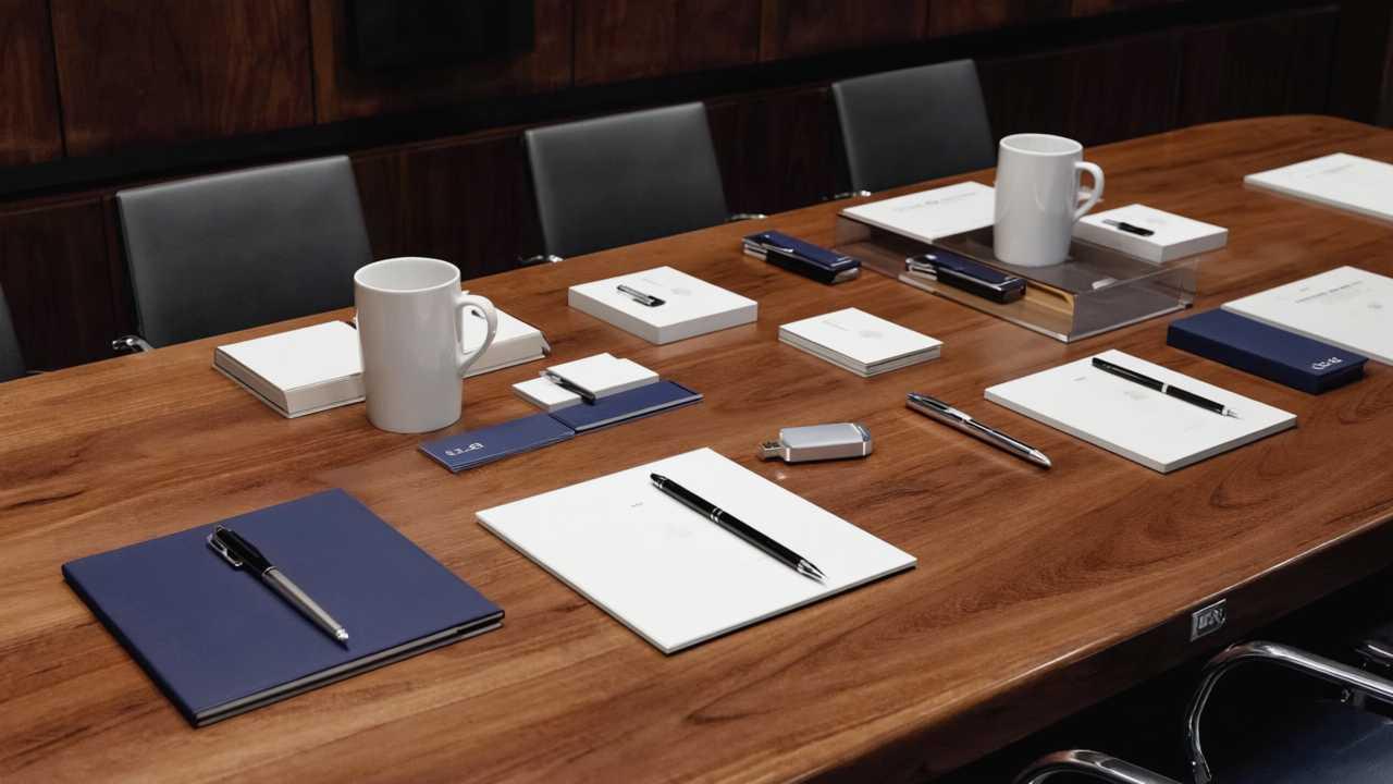 A meeting table with notebooks, pens, mugs, and office supplies neatly arranged on it, surrounded by black chairs.