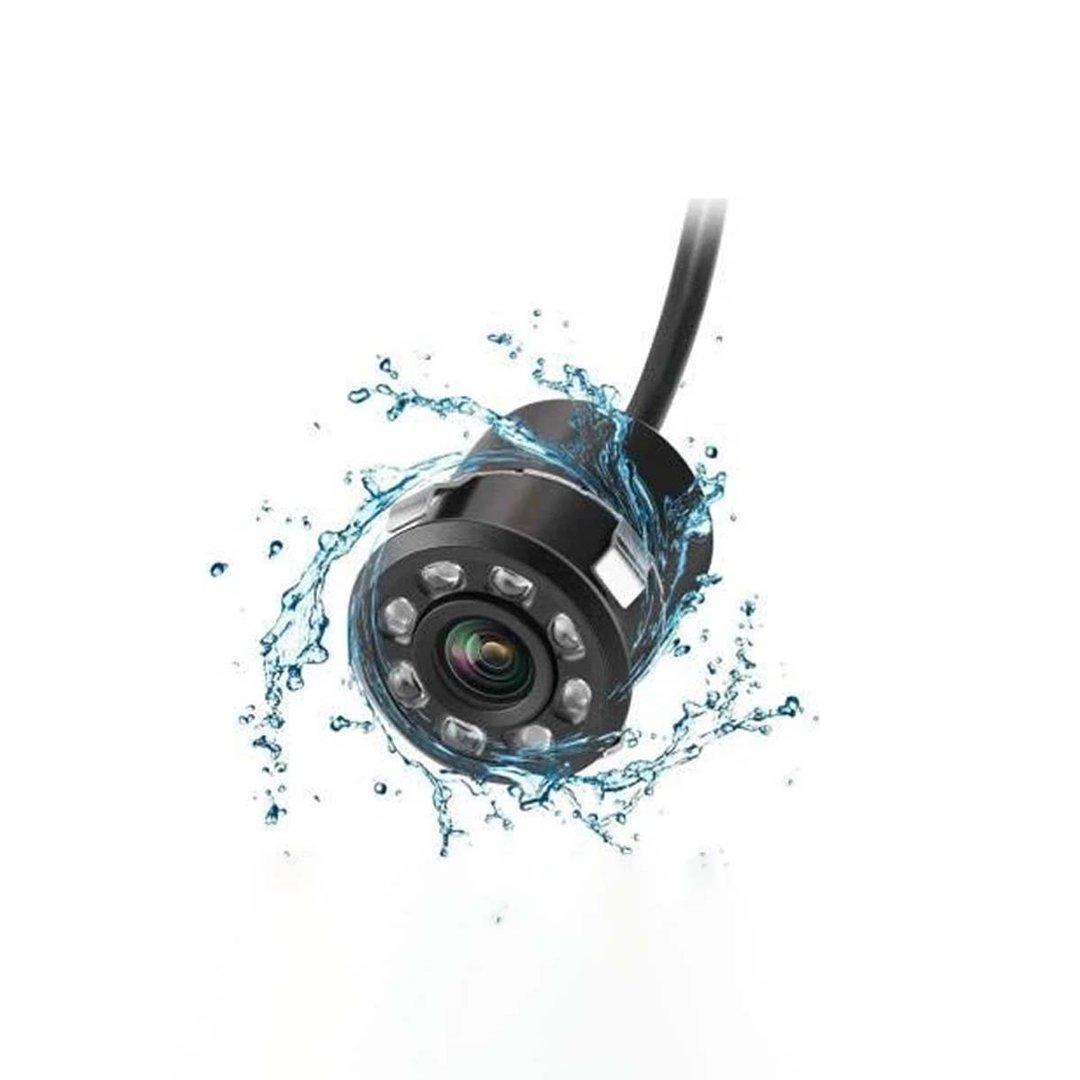 Close-up of a waterproof camera with LED lights, surrounded by splashing water, against a white background.