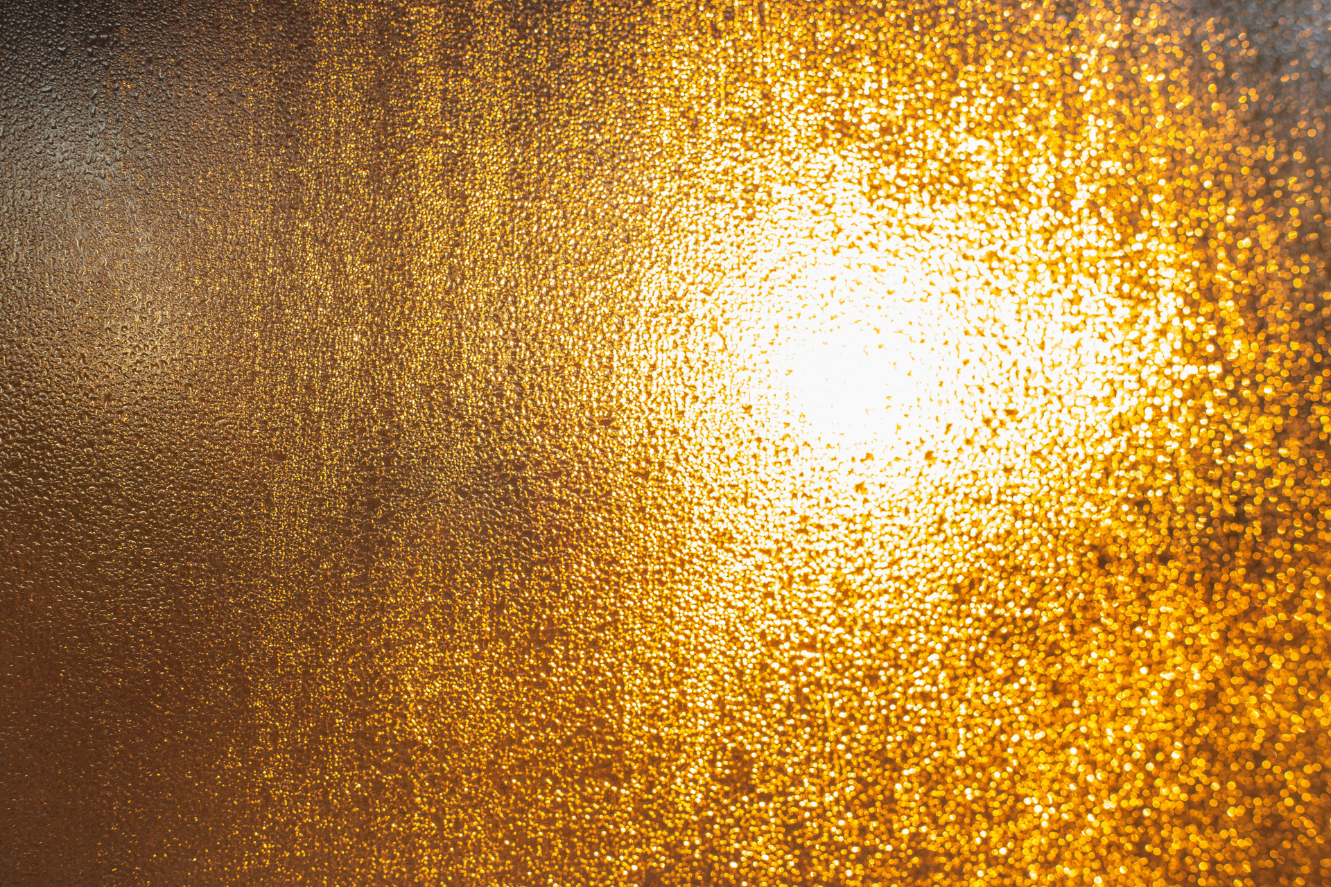 Blurred and abstract golden texture of condensed water droplets on window surface lit from behind by sunlight.