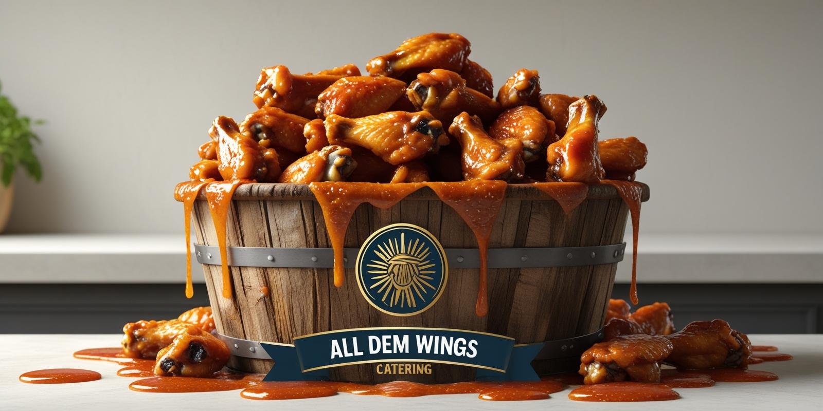 A wooden bucket overflowing with sauce-covered chicken wings, with a label reading All Dem Wings Catering.