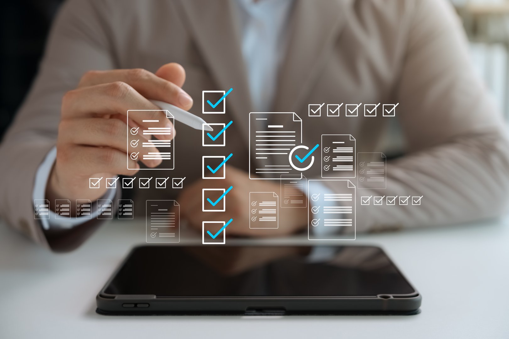 Concept of business performance tracking and evaluation, businessman using tablet to do online survey, digital form checklist, doing assessment, filling out digital survey, quality assurance.