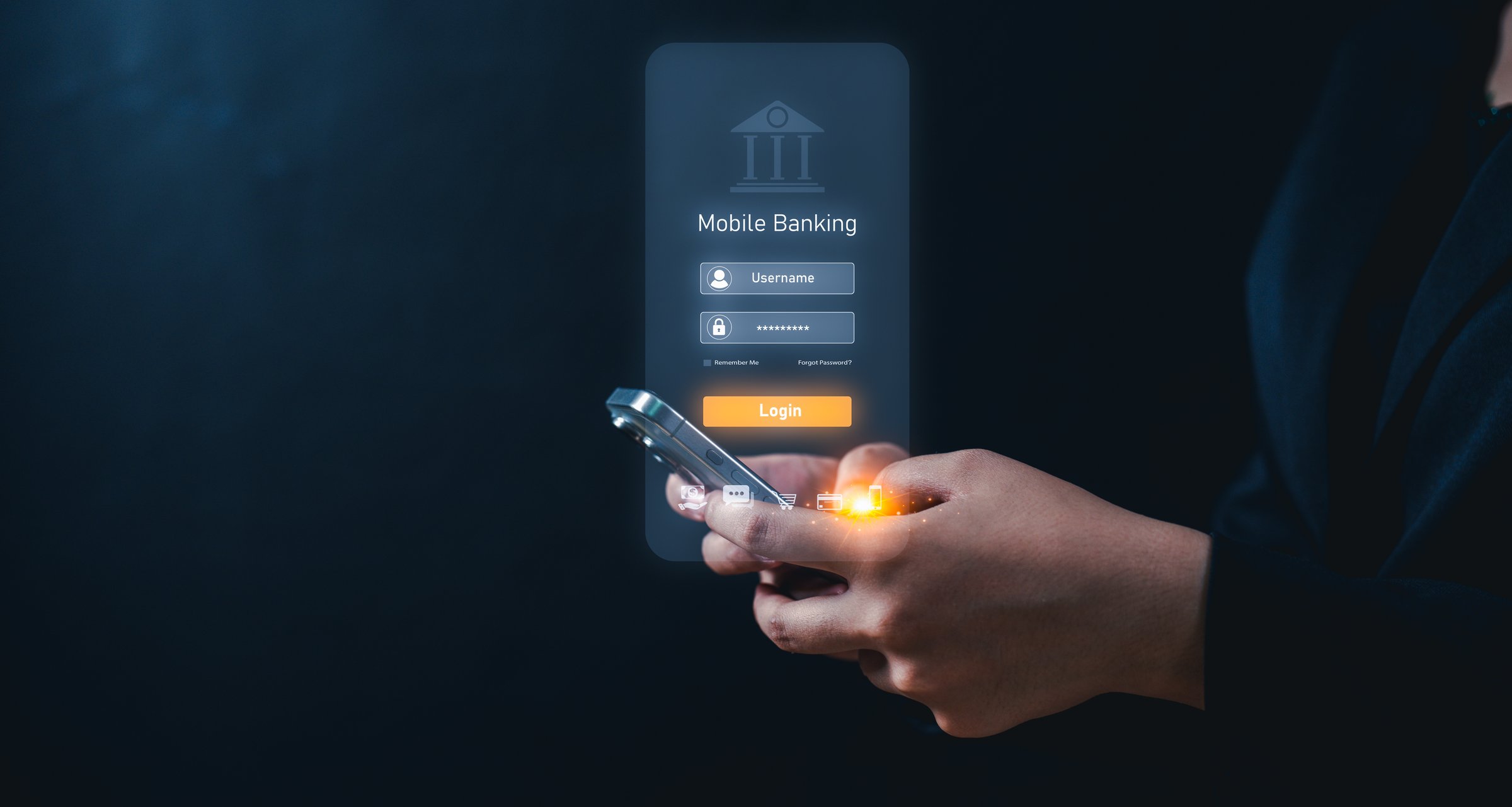 A person holding a smartphone with a glowing effect, logging into a mobile banking app on a dark background.