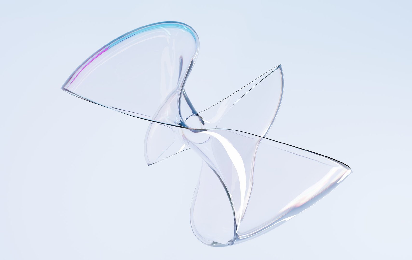 Abstract glass geometric figure twisted shape, 3d render. Holographic sculpture in curve wavy smooth forms, clear iridescent water object, crystal or acrylic composition isolated on blue background.
