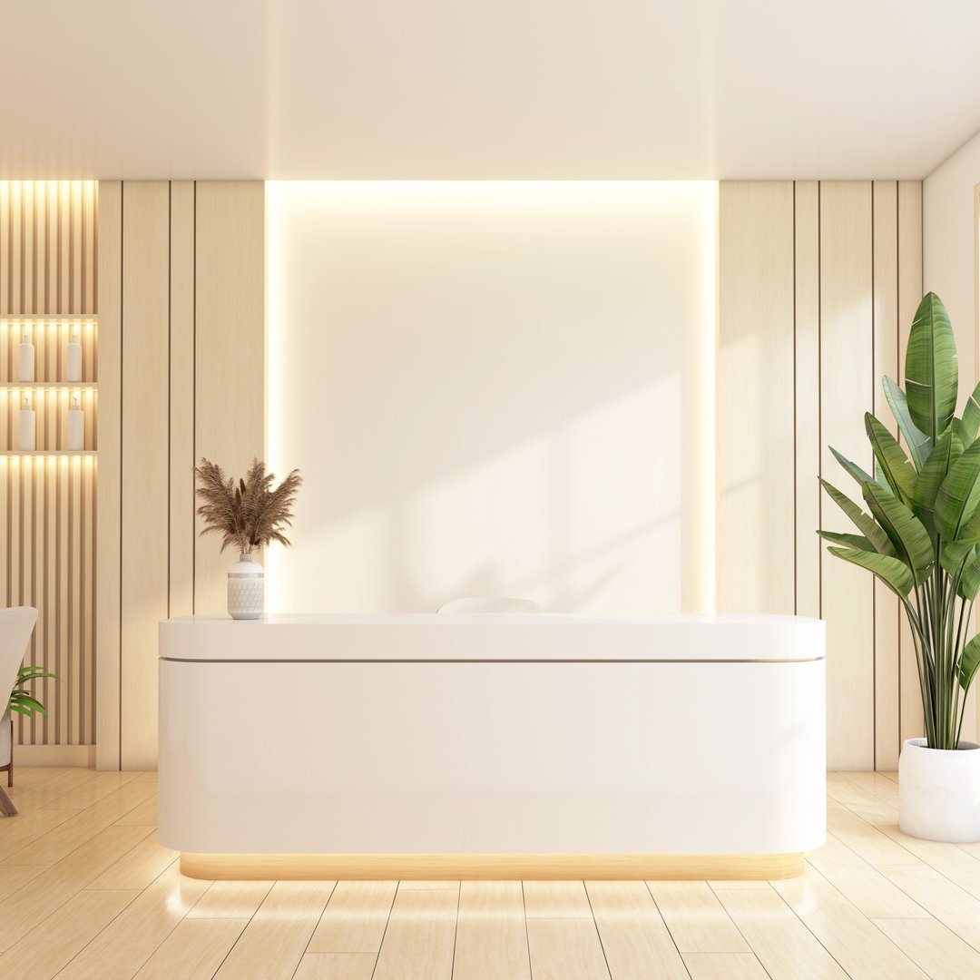 Minimalist reception area with display shelf and white wall, indoor plant and wooden floor. 3d rendering