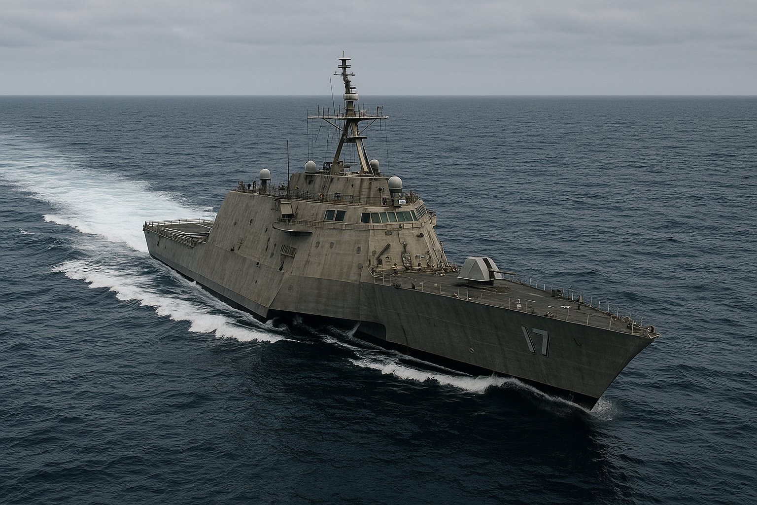 A modern navy warship, numbered 17, cruising through the ocean under a cloudy sky.