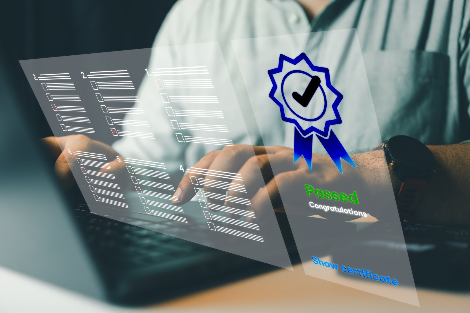 Online training course concept. Document examination of the test concept, Confirmation of standards Passed the test criteria, man check online document test collect scores from tests