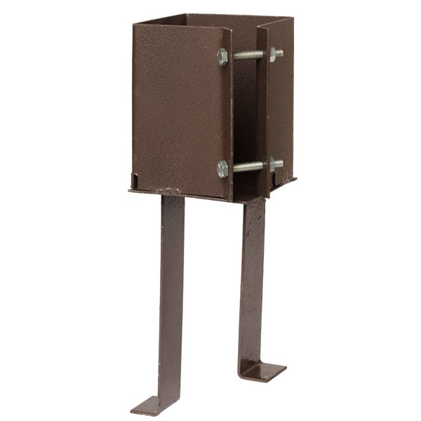 A brown metal post anchor with adjustable sides and two support legs for stabilizing structures.