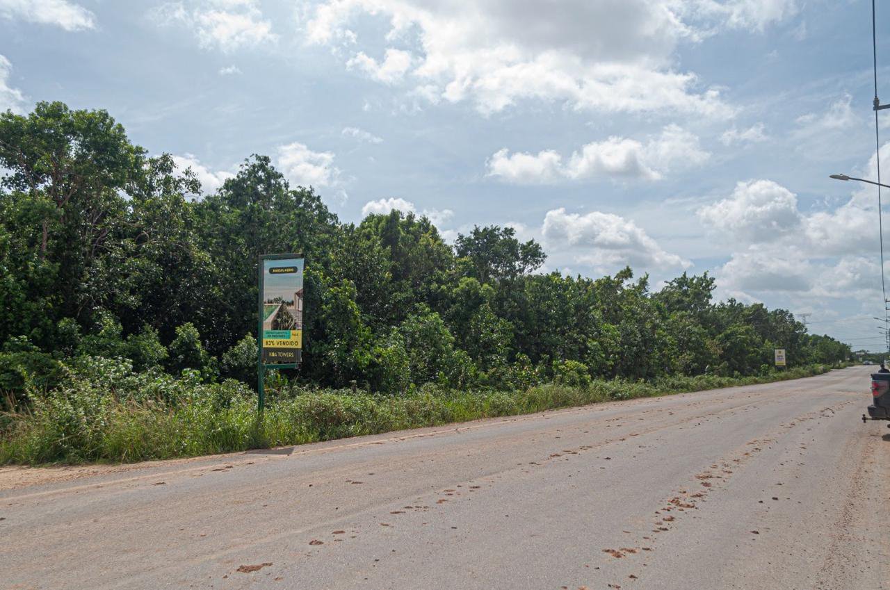 Rural road with trees and an advertisement sign on the roadside, under a partly cloudy sky on a sunny day.