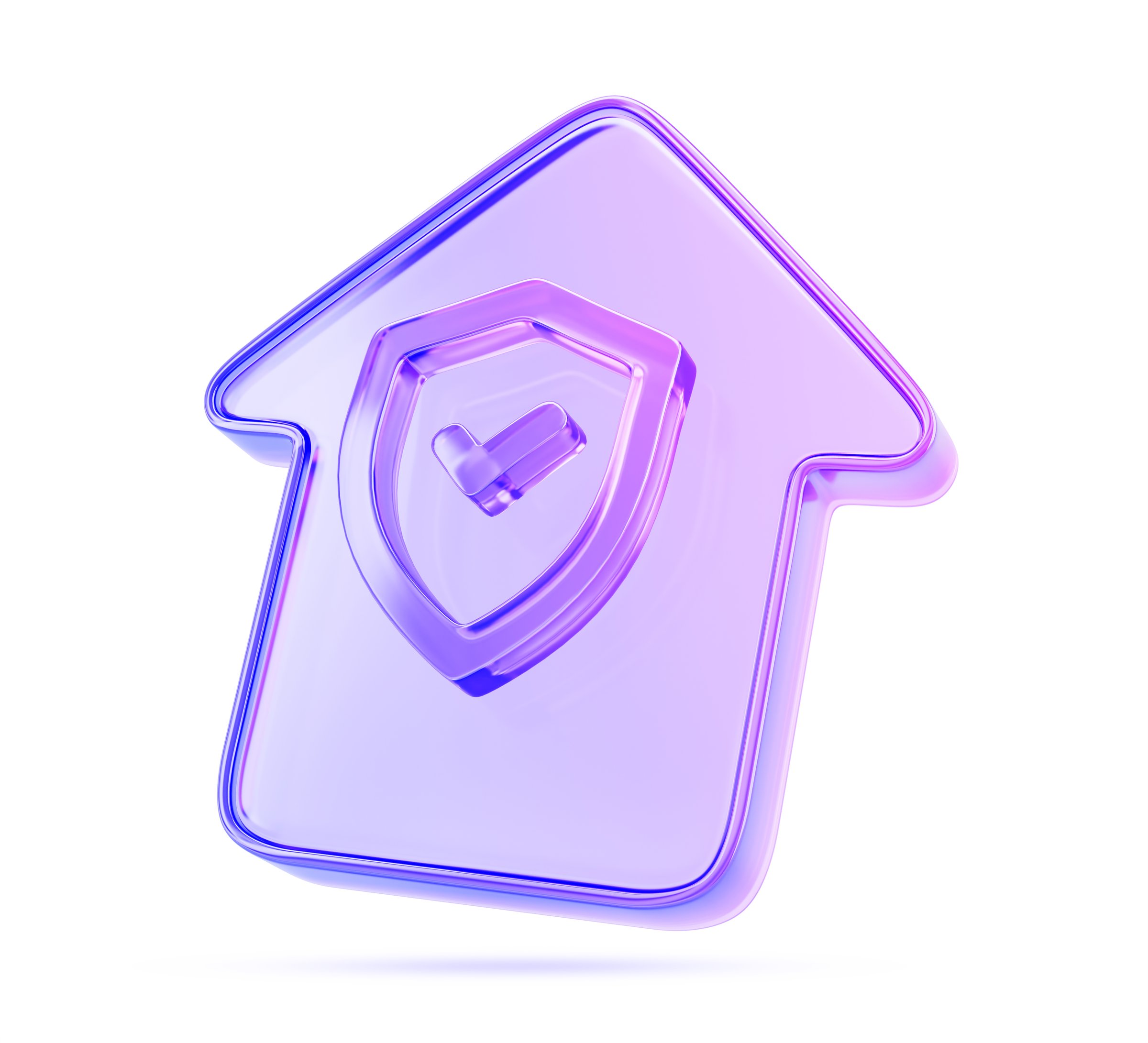 Holographic glass morphism house with safety shield render icon. Concept of home insurance, security system, property protection. Gradient building logo with purple gradient texture. 3D illustration