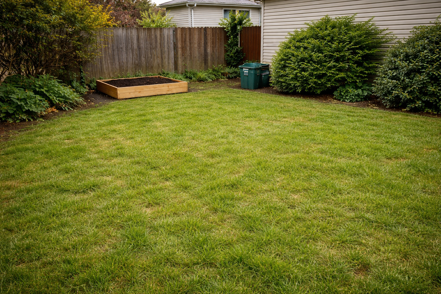 Neatly tended backyard with garden bed