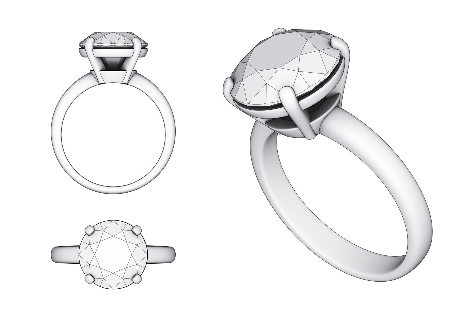 Gemstone ring mock up design. Top, side and isometric views. 3d illustration set isolated on white