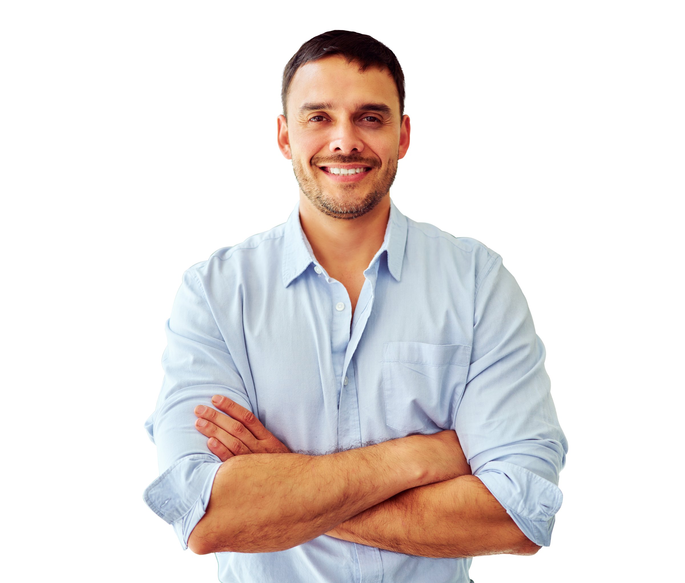 Confident businessman smiling with folded arms, exuding professionalism and success