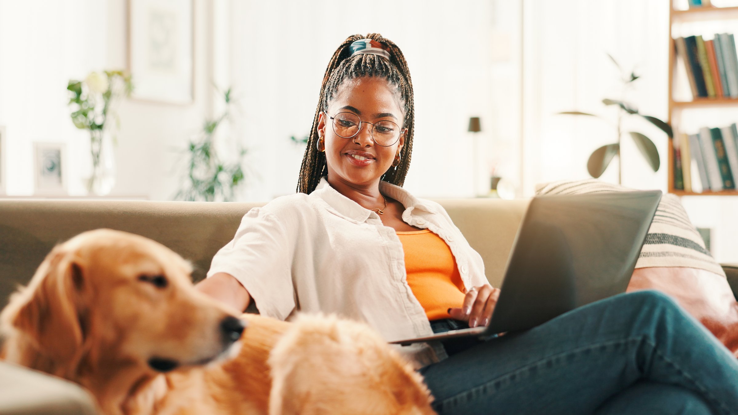 Laptop, relax and smile of woman with dog on sofa in living room of home for browsing or education. Computer, learning or study with labrador and pet owner in apartment for bonding or development