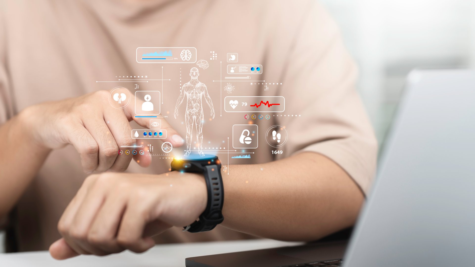 Man use smart watch for health care technology monitoring, ai analysis body to report and check health. Application track health Concept