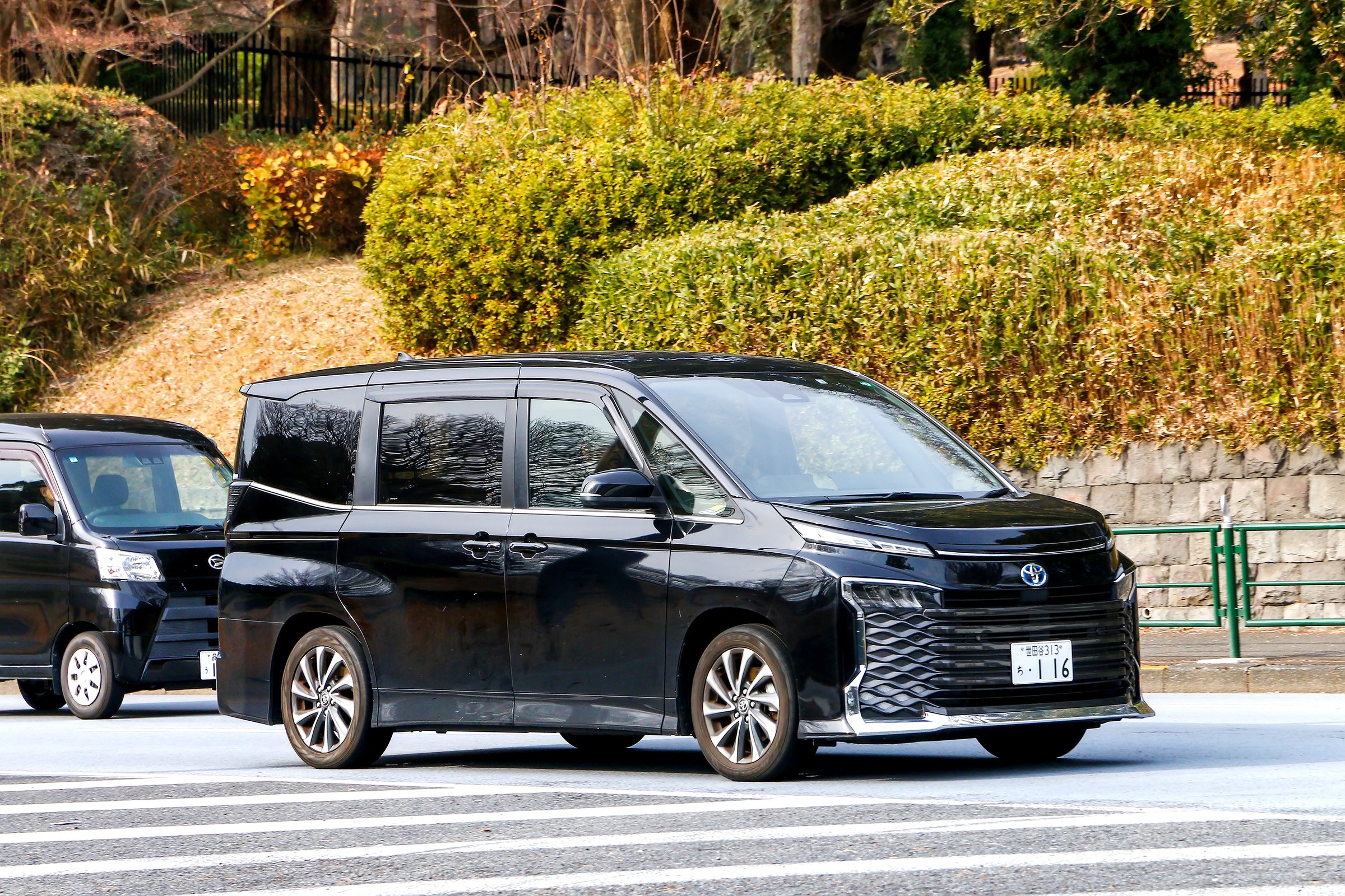 Black Japanese van Toyota luxury MPV in the city street