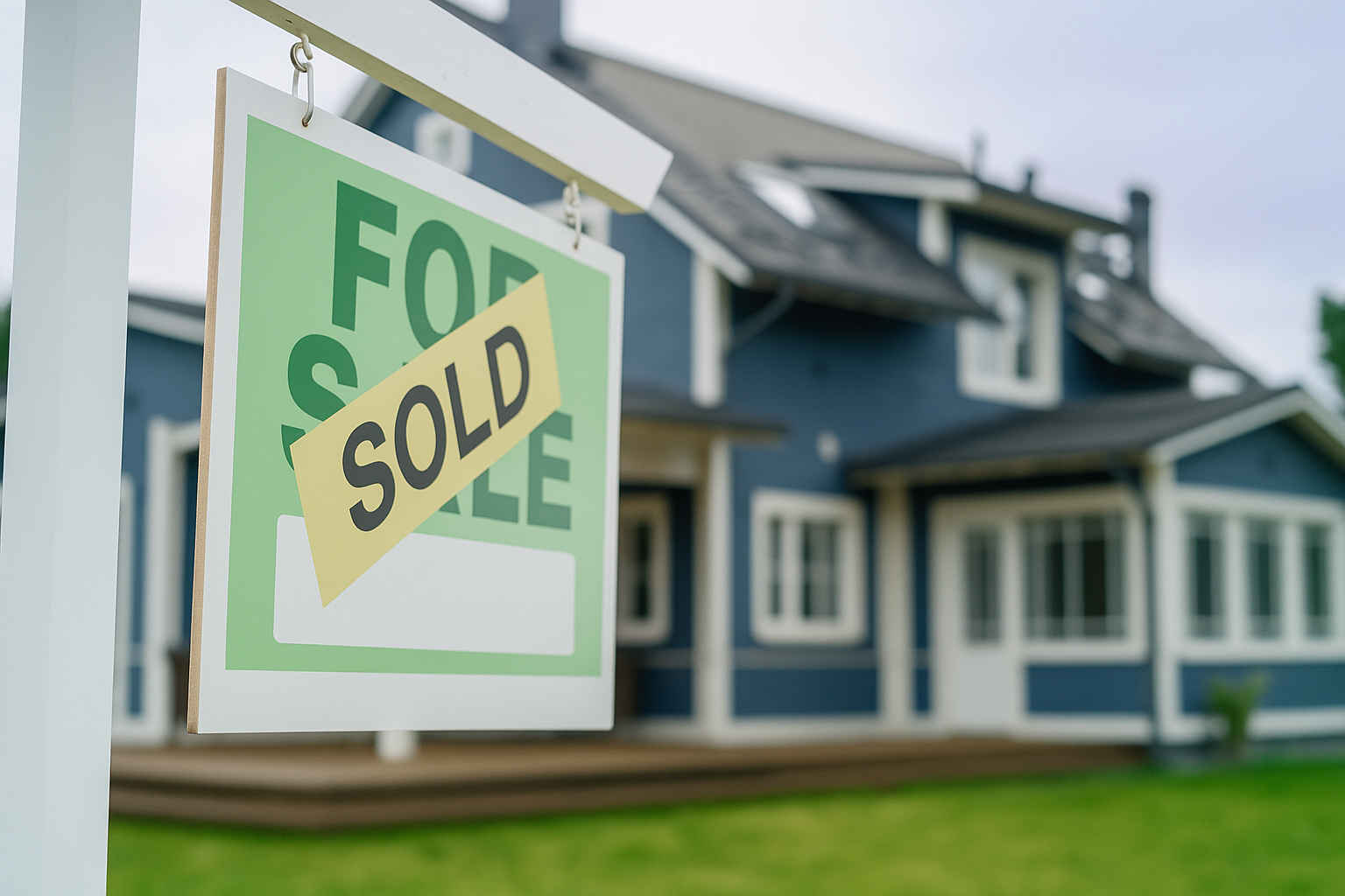Close Up of a House Sold Sign on a Lawn in Front of a Big Modern House with Traditional Architecture. Housing Market Concept with Residential Property in the Countryside.