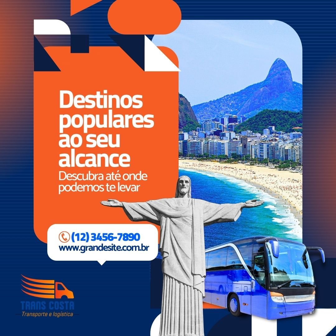 Advertisement featuring Christ the Redeemer, Copacabana Beach, and a tour bus for Trans Costa travel services.