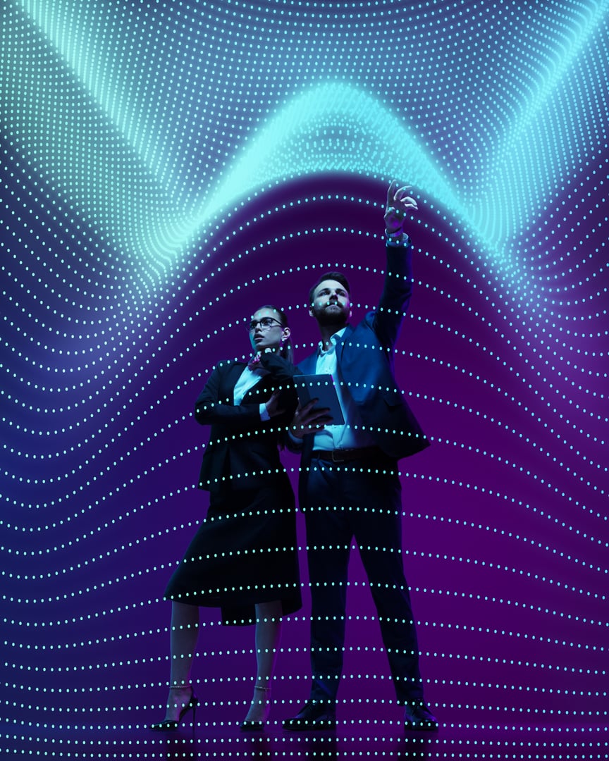 Business man and woman in professional attire analyze complex data visualized as flowing digital waves on vibrant gradient background. Collage. Concept of scientific discovery and innovation, network