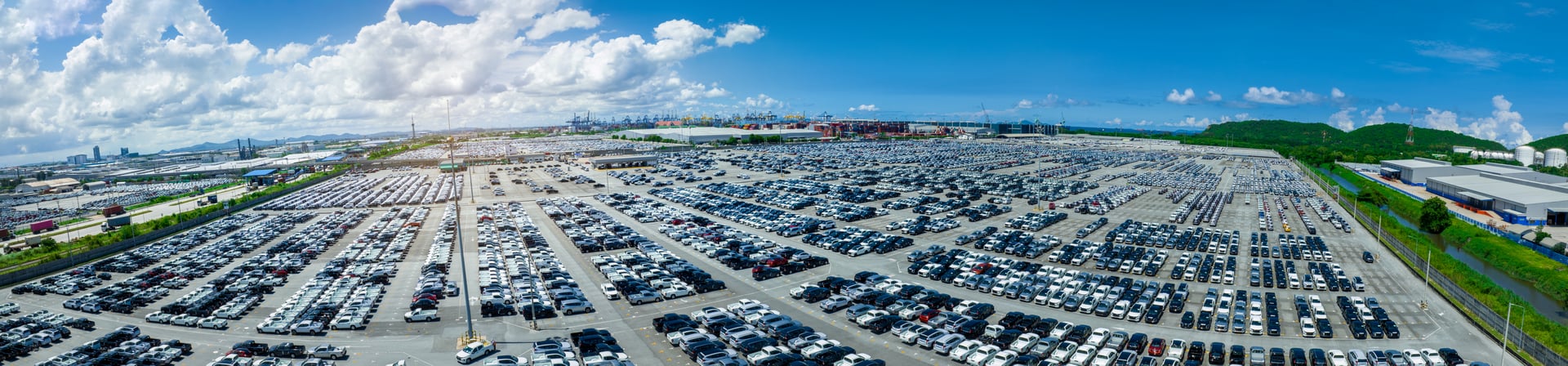 Many new cars parking before shipping to Dealer Customer, Cars shipping to Ro-Ro Ship for import export Freight forwarding , Logistics transportation dealer shipping Cars Export Terminal at Yokohama
