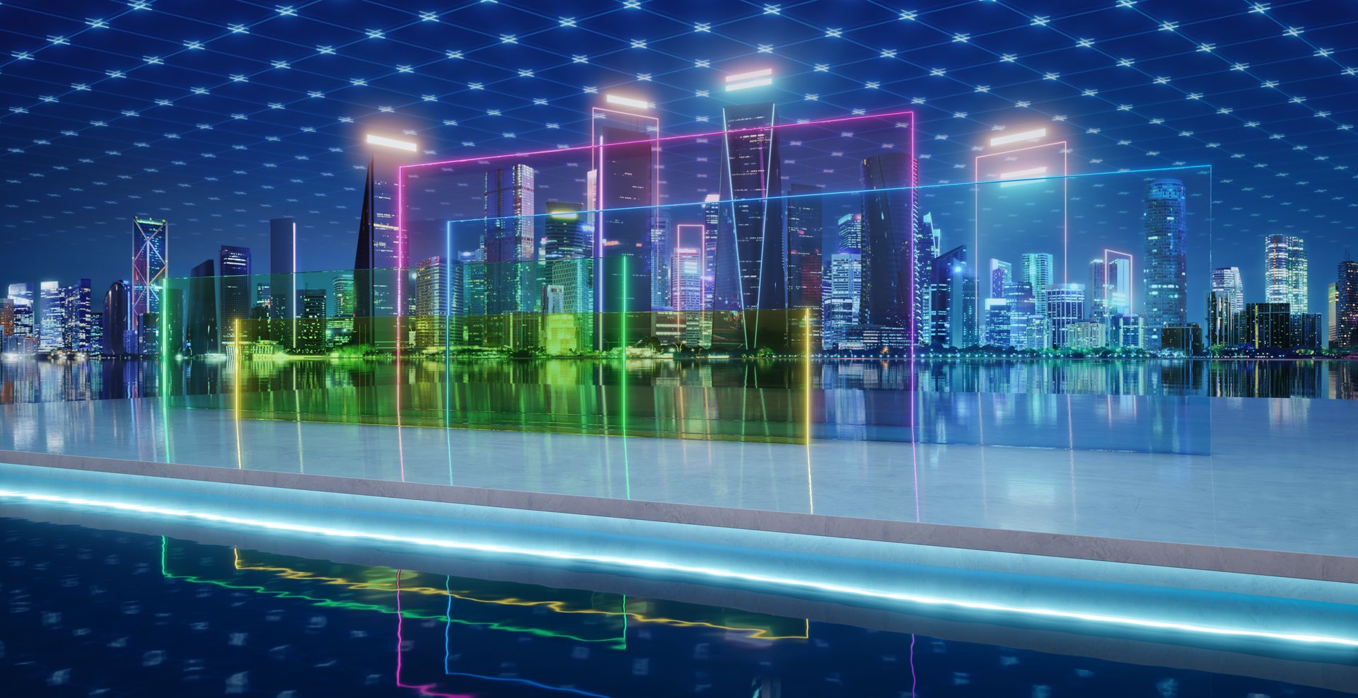 Metaverse city skyline featuring digital network grid and reflecting colorful neon outlines in virtual space. 3d rendering