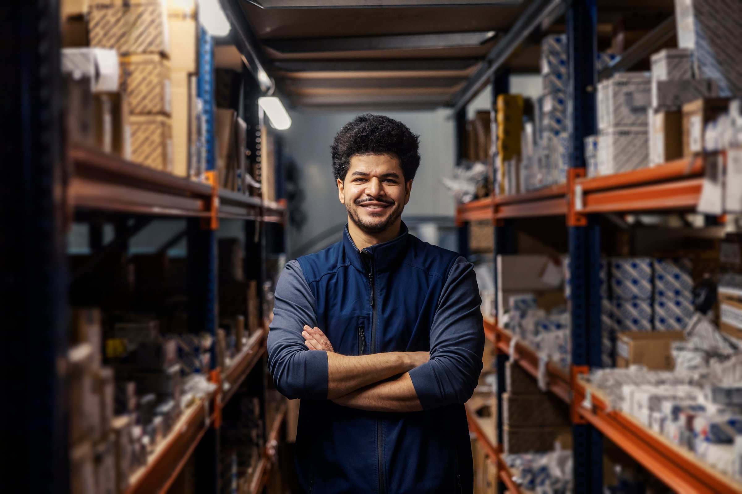 Portrait of smiling diverse warehouseman standing at storage with arms folded.