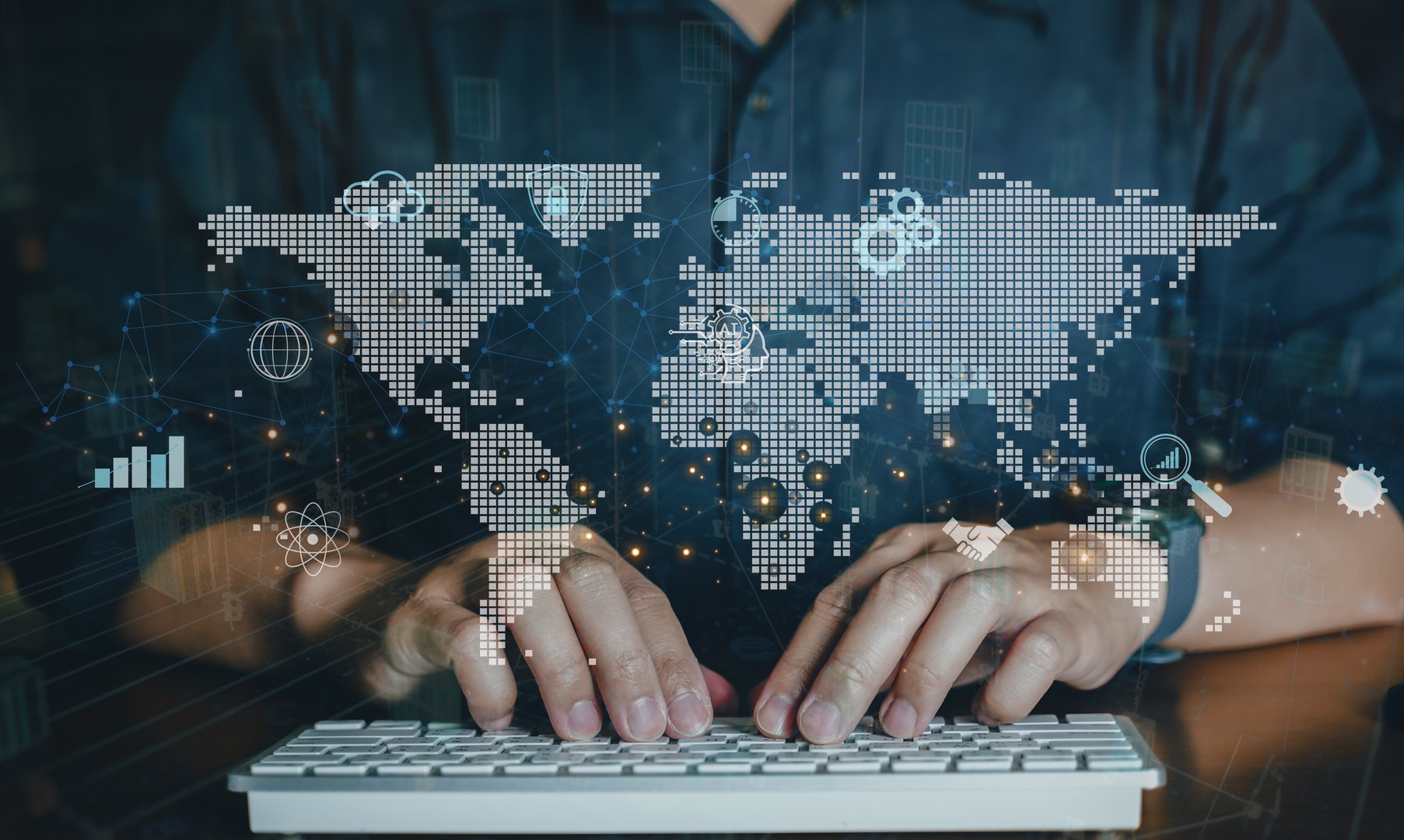 Technology digital and network global connection, Data science, business intelligence. Business man using smartphone with internet global network technology and big data, cloud computing, AI