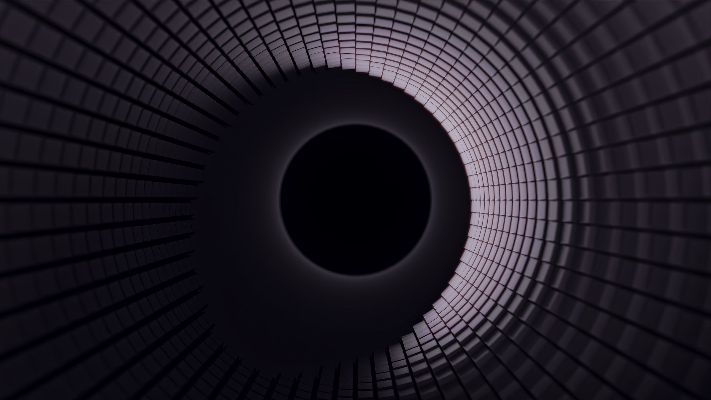 Futuristic 3D illustration of a radial tunnel made of rectangular tiles curving toward a central black void. Subtle purple highlights, deep shadows, and a glowing edge, creating a sci-fi tech atmosphere. Perfect for backgrounds or covers.