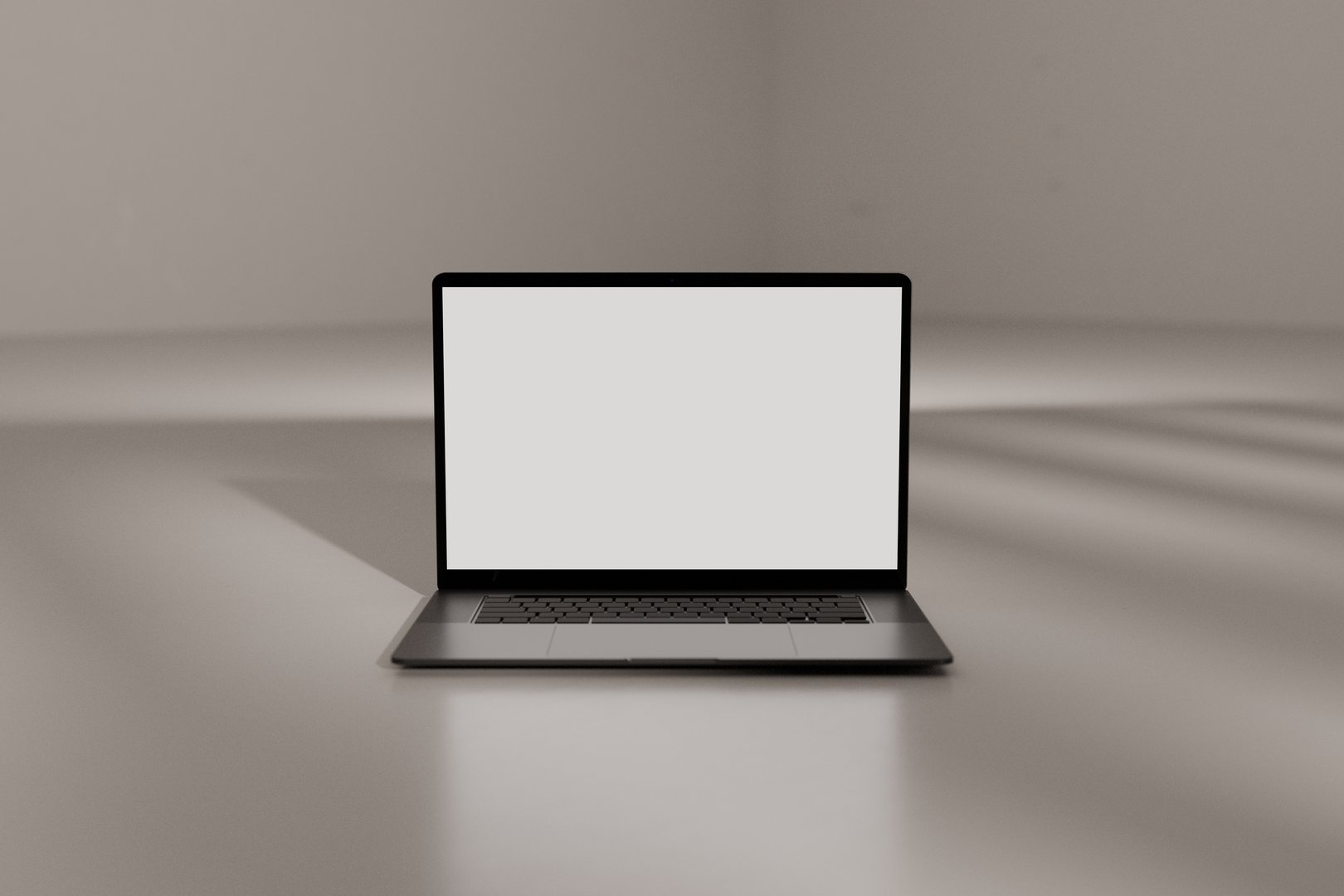 Premium laptop with mockup white display. On bright studio floor. Ad template. Daylight falling in. Can be used as marketing or website presentation.