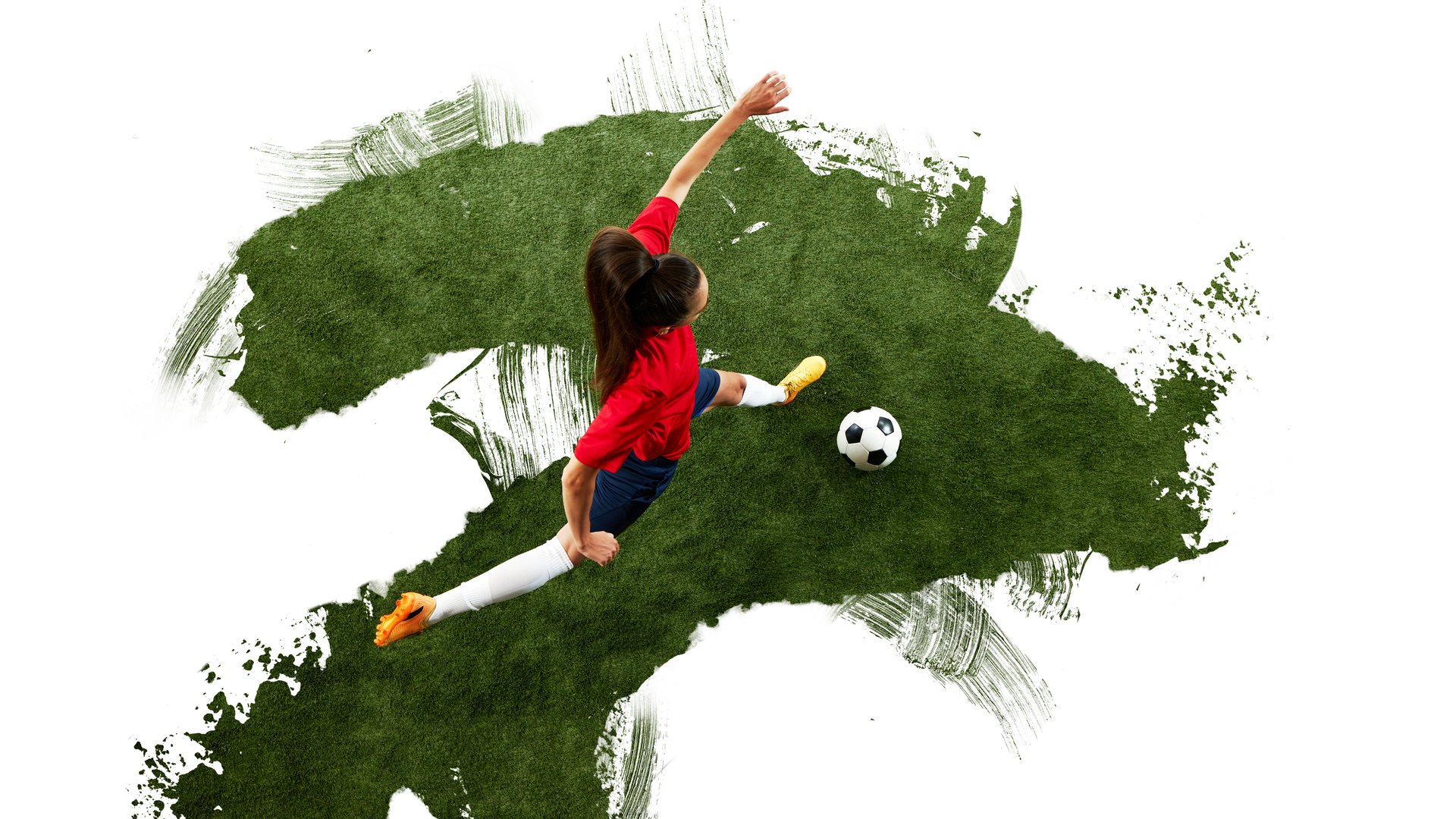 Modern art collage. Female soccer player kicking ball with extended leg against textured green paint splash background. Concept of sport, championship, movement, hobby. Ad