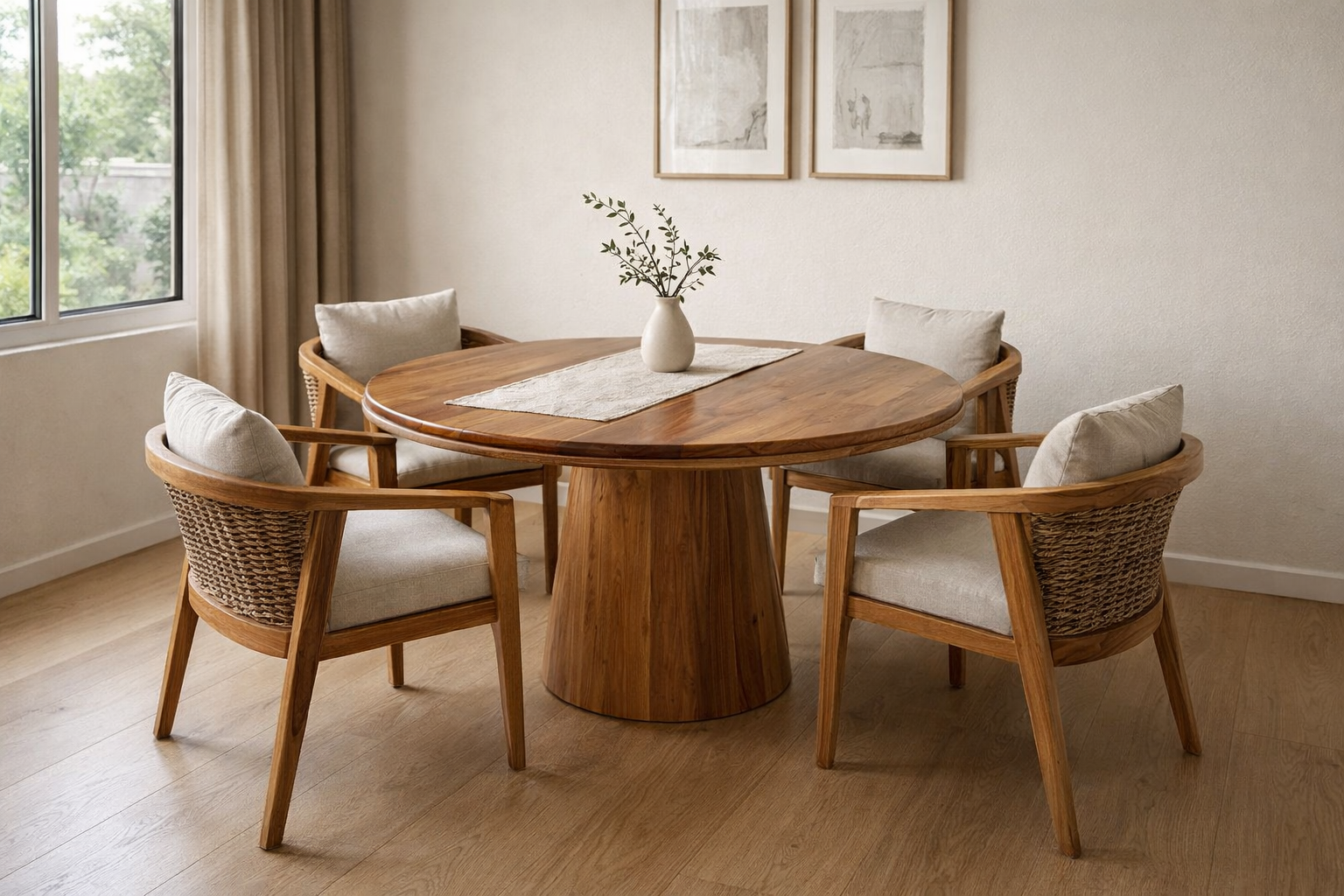 Comedor redondo de parota maciza con base cónica y sillas con respaldo tejido en ratán sintético