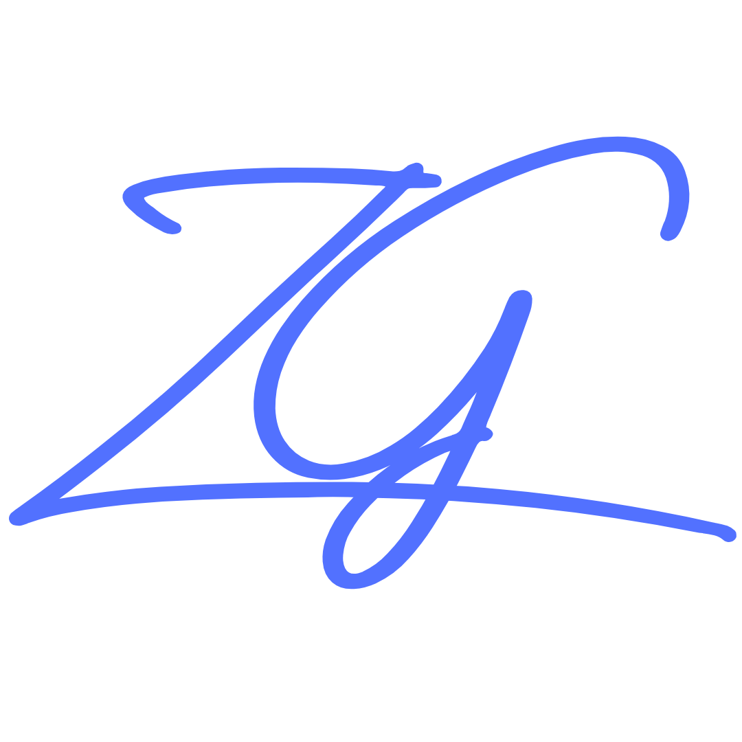 Una estilizada letra Z azul con una cola vertical superpuesta sobre fondo blanco, pareciendo una firma manuscrita.