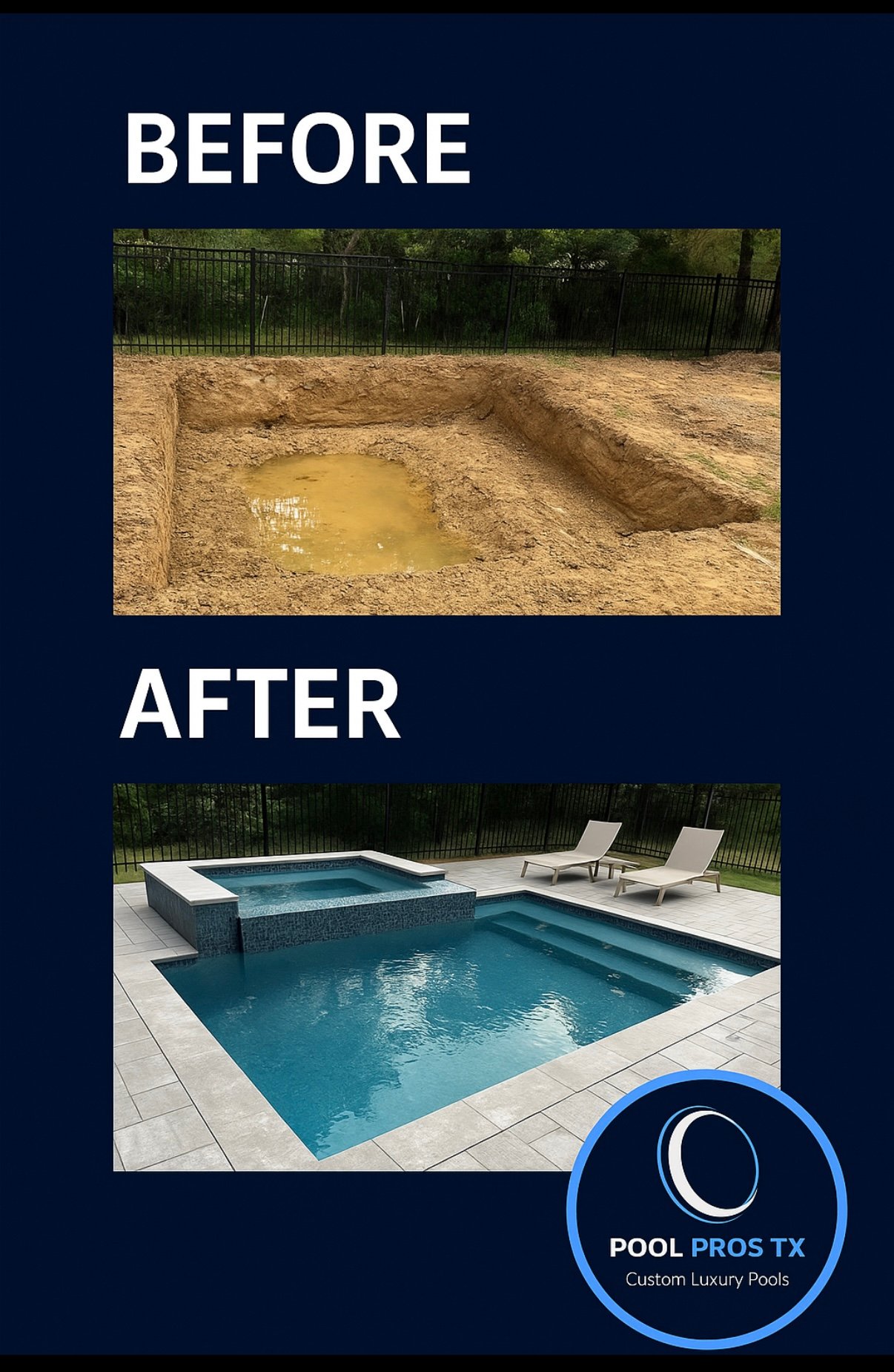 Before and after images of a backyard pool installation, showing a dug pit and a completed luxury pool with seating.