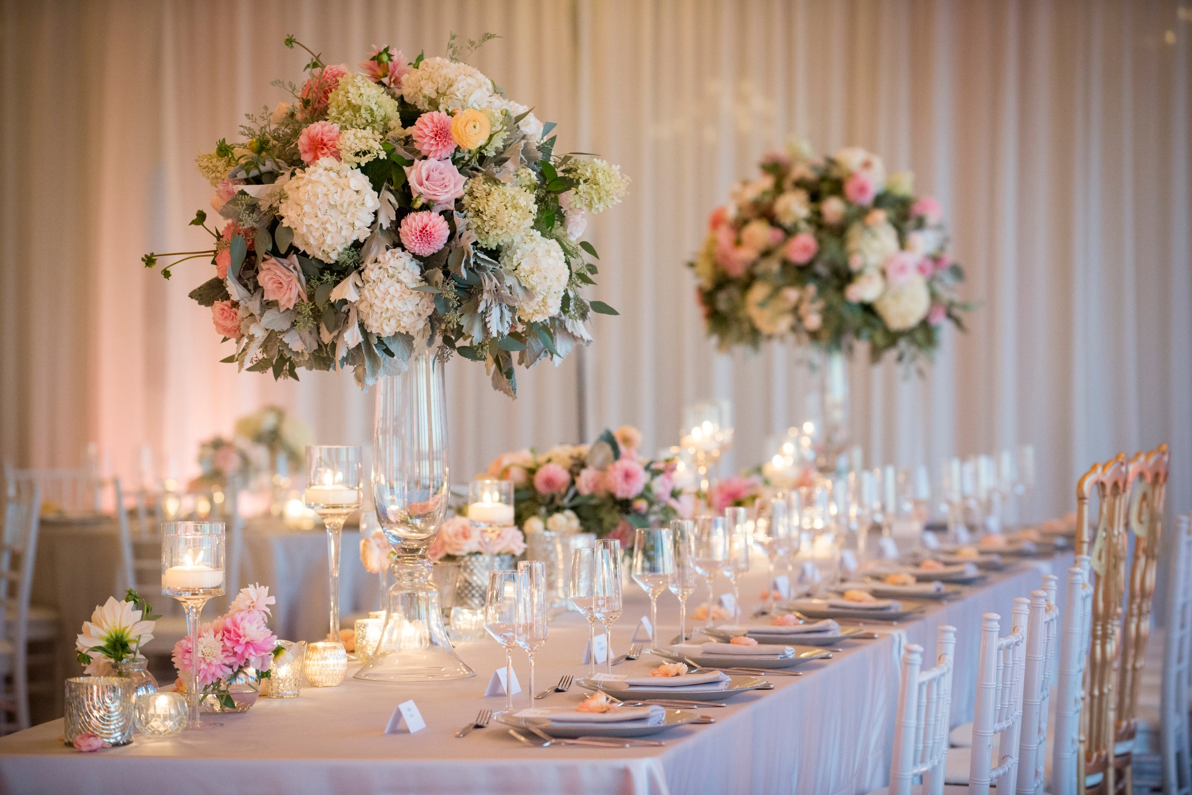 Romantic Wedding Reception with Tall Floral Centerpieces in Newport, Rhode Island, United States