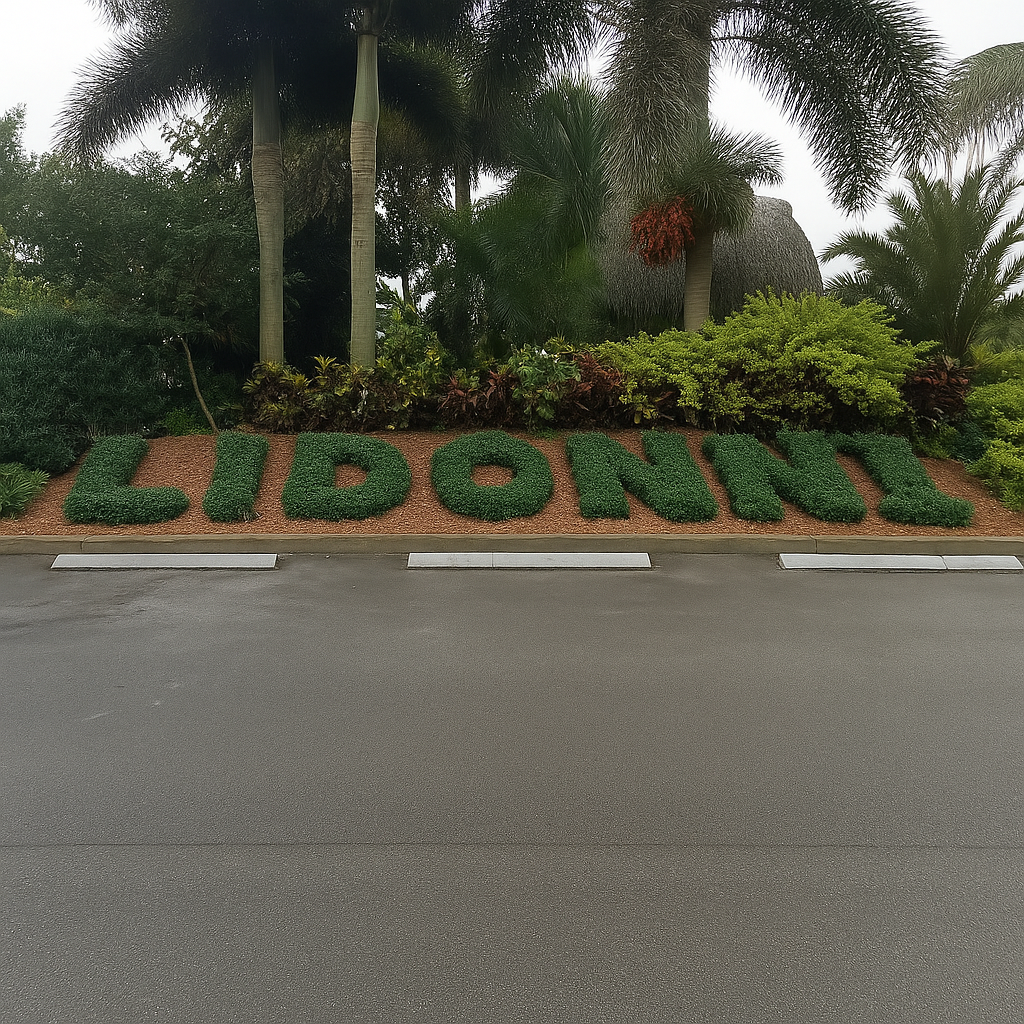 Bushes shaped to spell LIDONNE in a garden with large palm trees and lush greenery in the background.