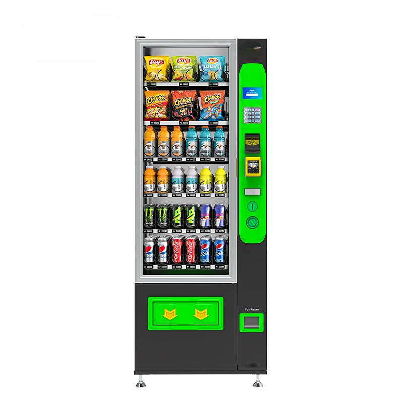 Vending machine with snacks and drinks, featuring chips, candy, bottled beverages, and green accent panels.