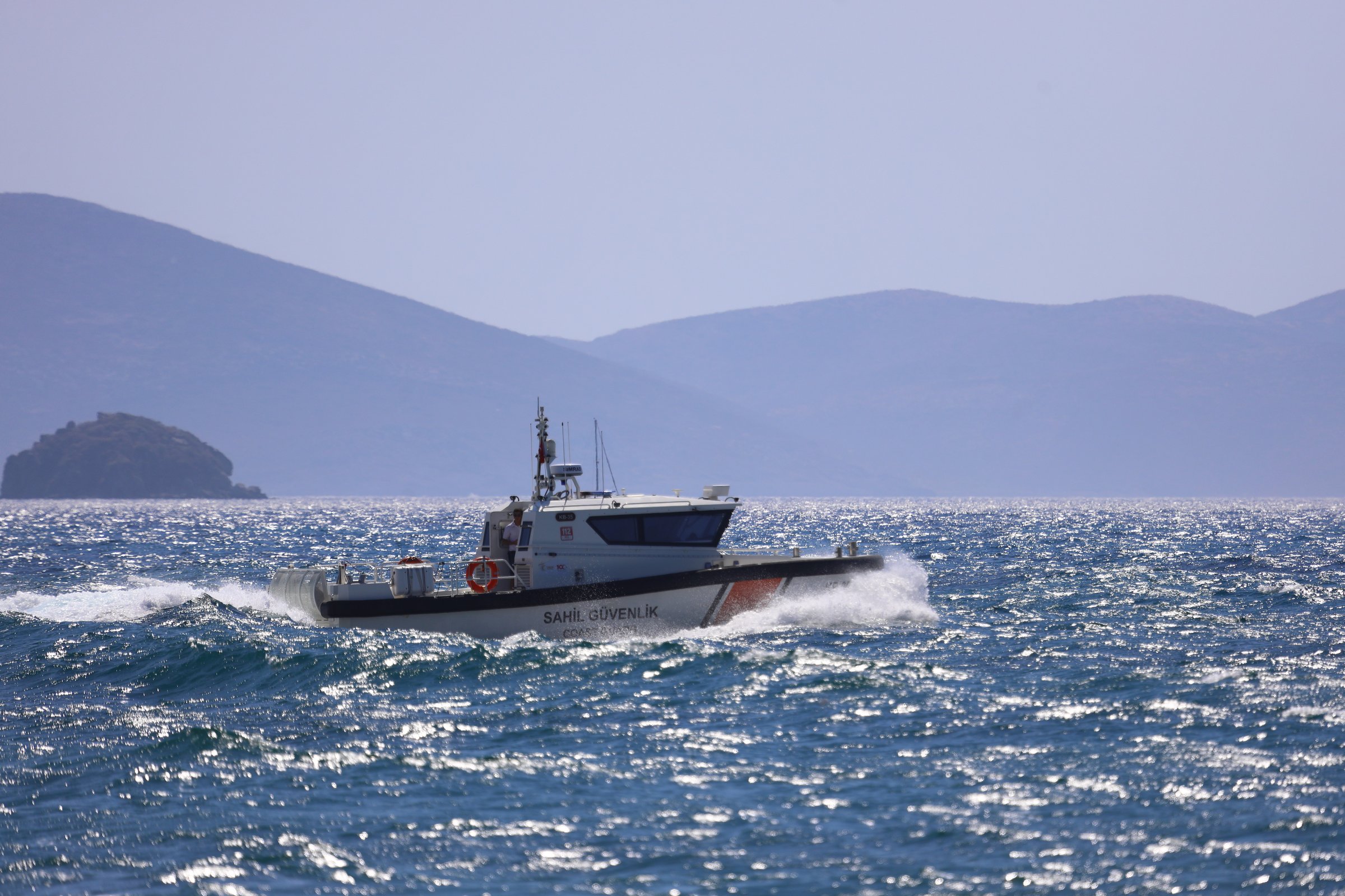 Bodrum,Turkey. 16 August 2024: The coast guard boat conducts inspection in the Aegean Sea.