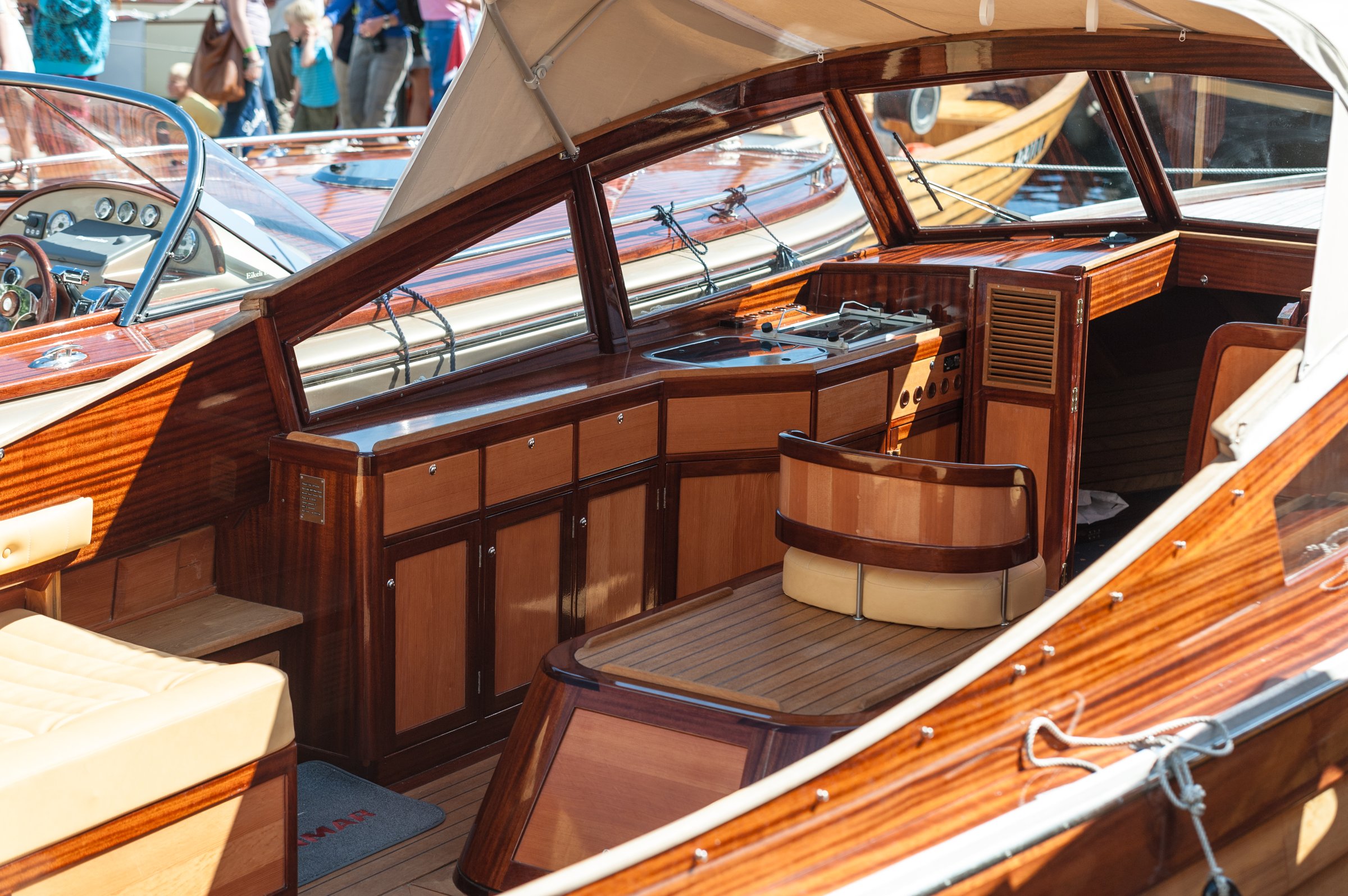 elegant interior of wooden boat with high-quality craftsmanship.