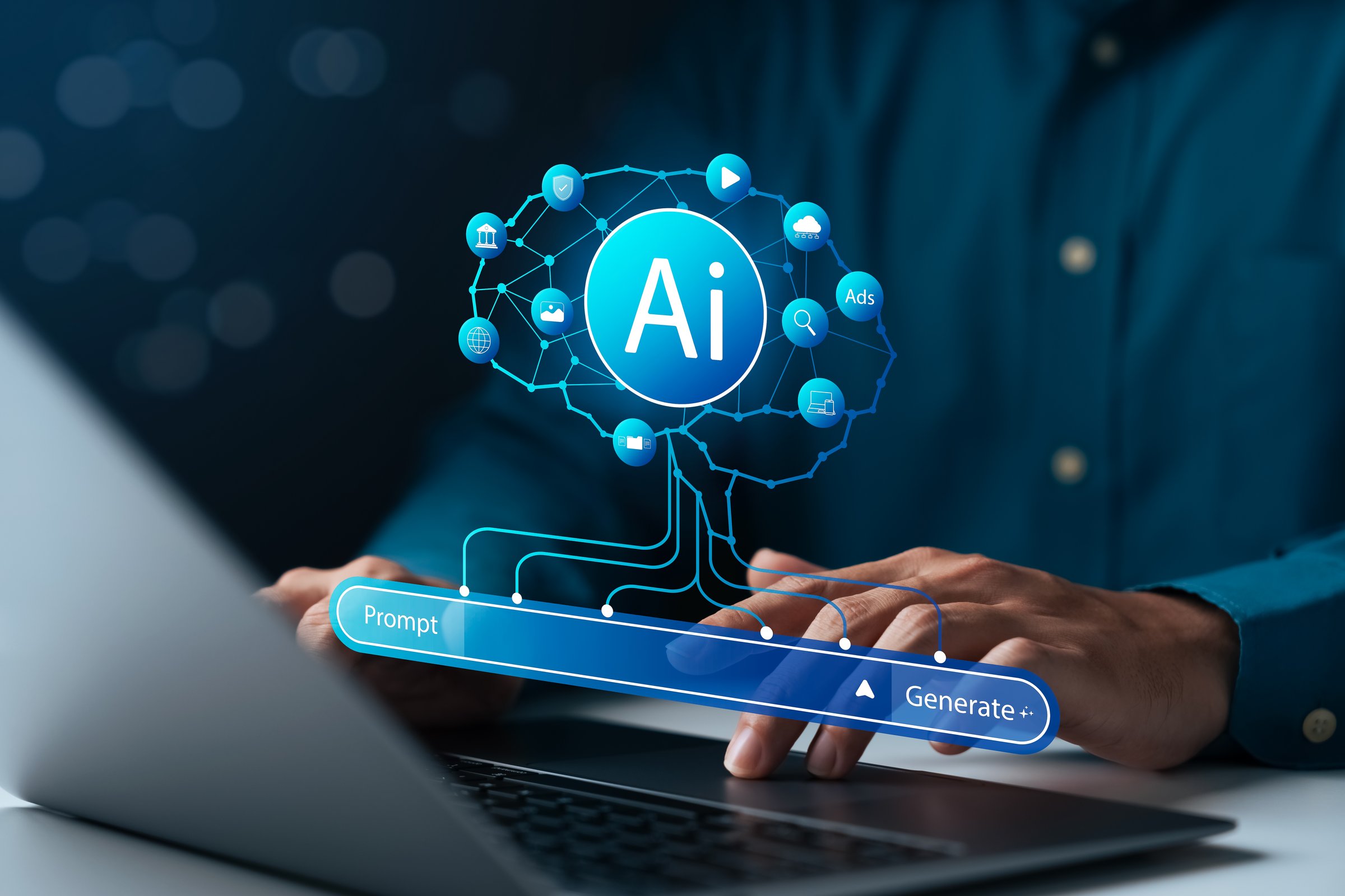 AI prompt generate concept showing person typing on laptop with artificial intelligence app interface, digital technology, automation, innovation, and futuristic software solution.