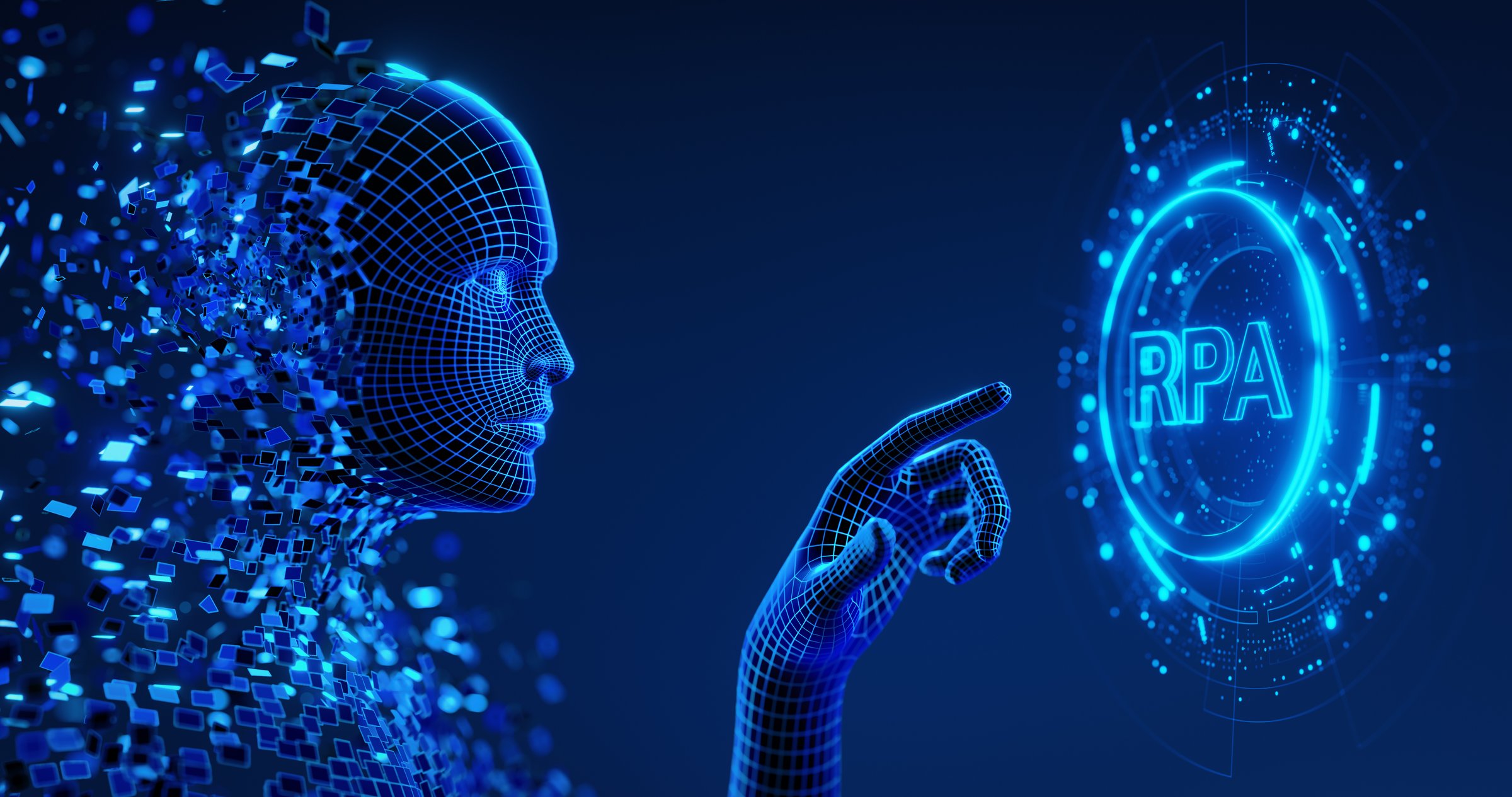 Human Digital Avatar presses a virtual button on screen with RPA - Robotic Process Automation icon. Business and Technology concept.